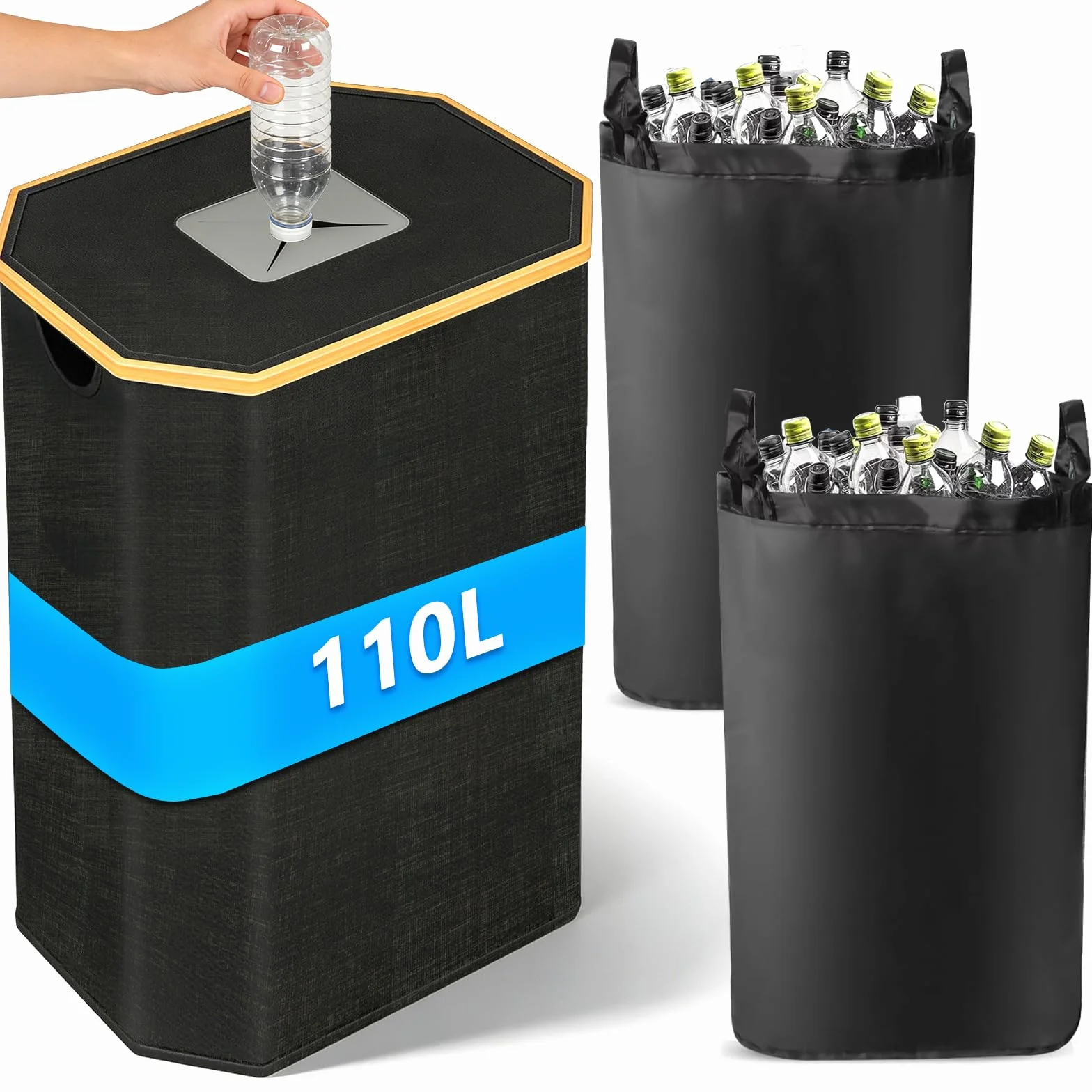 110L Duży Pojemnik na Butelki Zwrotne z Pokrywą i 2 Torbami, Zbieracz Butelek, Pojemnik do Recyklingu, Kontener na Butelki Zwrotne do Kuchni Schowka Torby na Butelki (Czarny)
