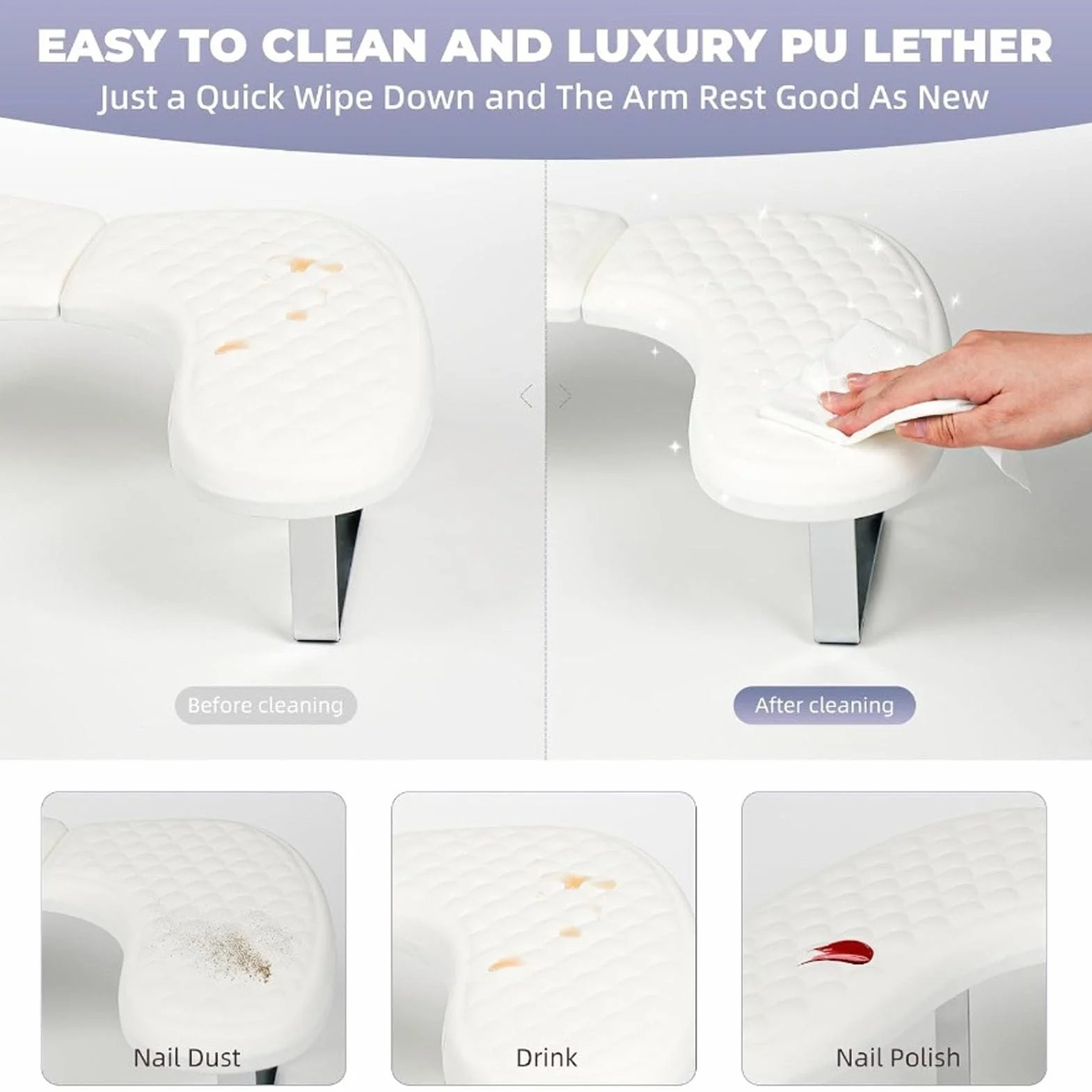 Bewinner Podłokietnik do Manicure z Uchwytem na Telefon, Podpórka i Schowek ze Skóry PU w ​​kształcie Litery U, Podłokietnik Manicure do Domowego Salonu Zdobienie Paznokci, Lakier żelow (WHITE)