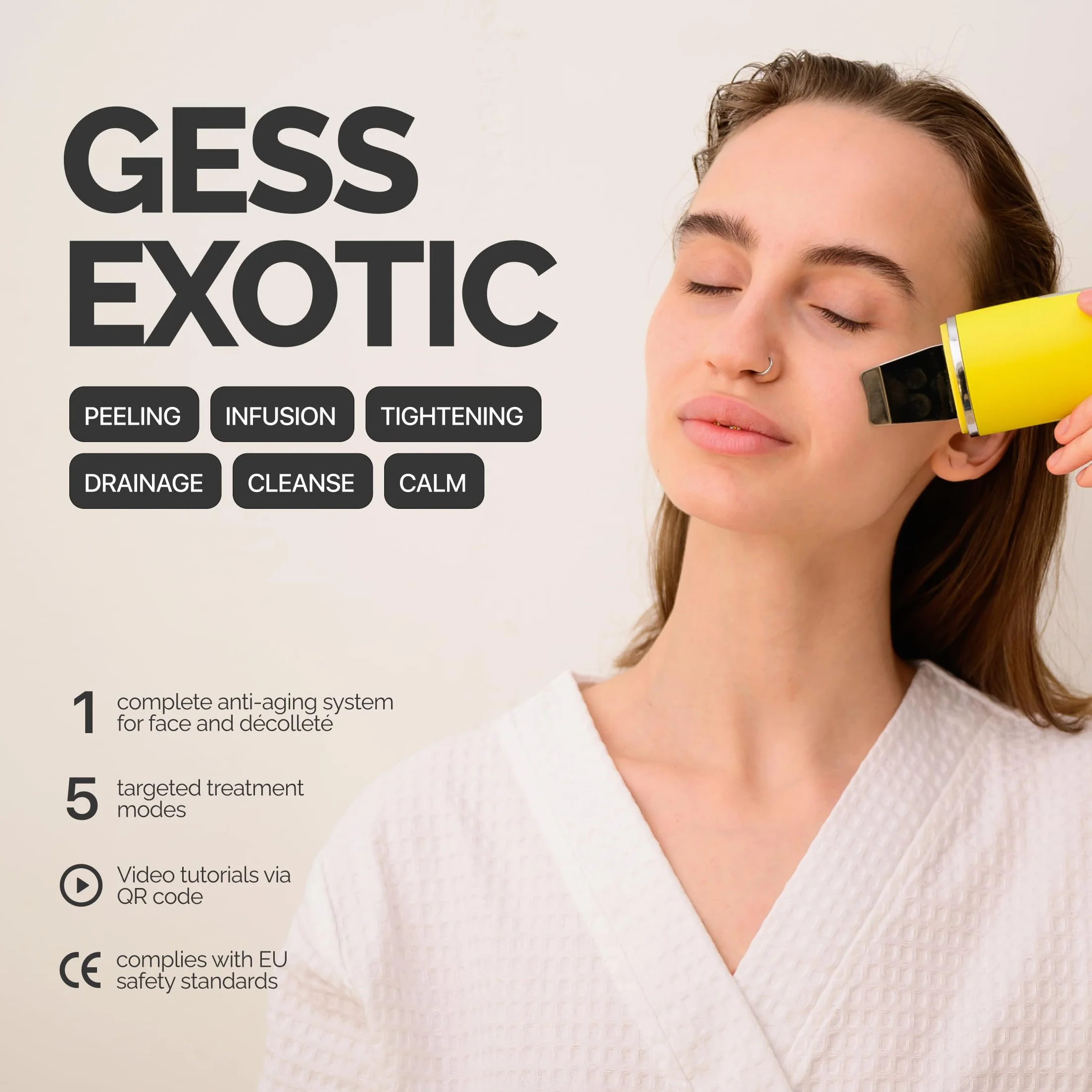 GESS Exotic: 7-w-1 Ultradźwiękowy Peeling Twarzy do Oczyszczania, Peeling Ultradźwiękowy do Zmarszczek i Oczyszczania Porów, pielęgnacja skóry, głębokie oczyszczenie, profesjonalna pielęgnacja w Domu