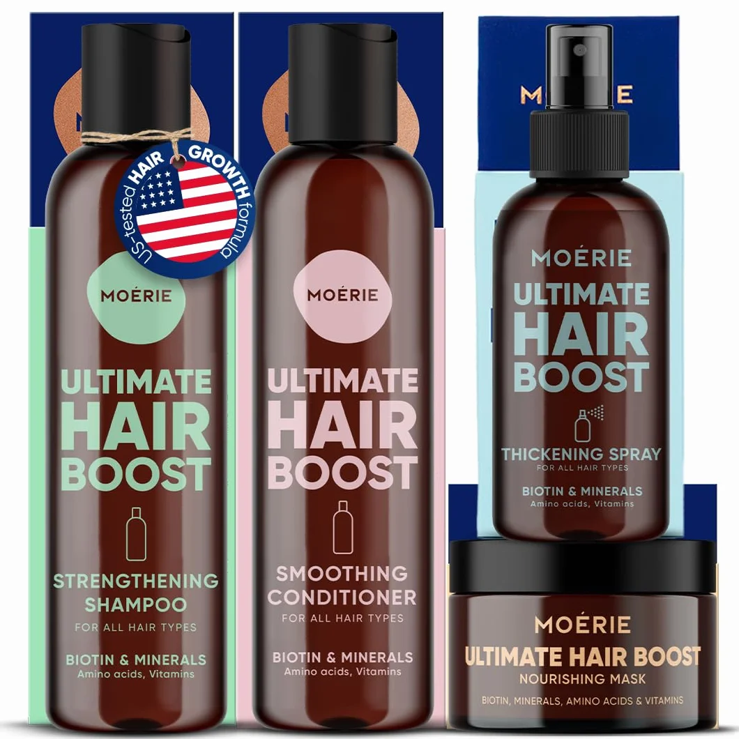 Moerie Mineral Shampoo and Conditioner Plus Hair Mask and Hair Spray Mega Pack – The Ultimate Hair Care Set – For Longer, Thicker, Fuller Hair - Vegan Hair Products – Paraben & Silicone Free Products