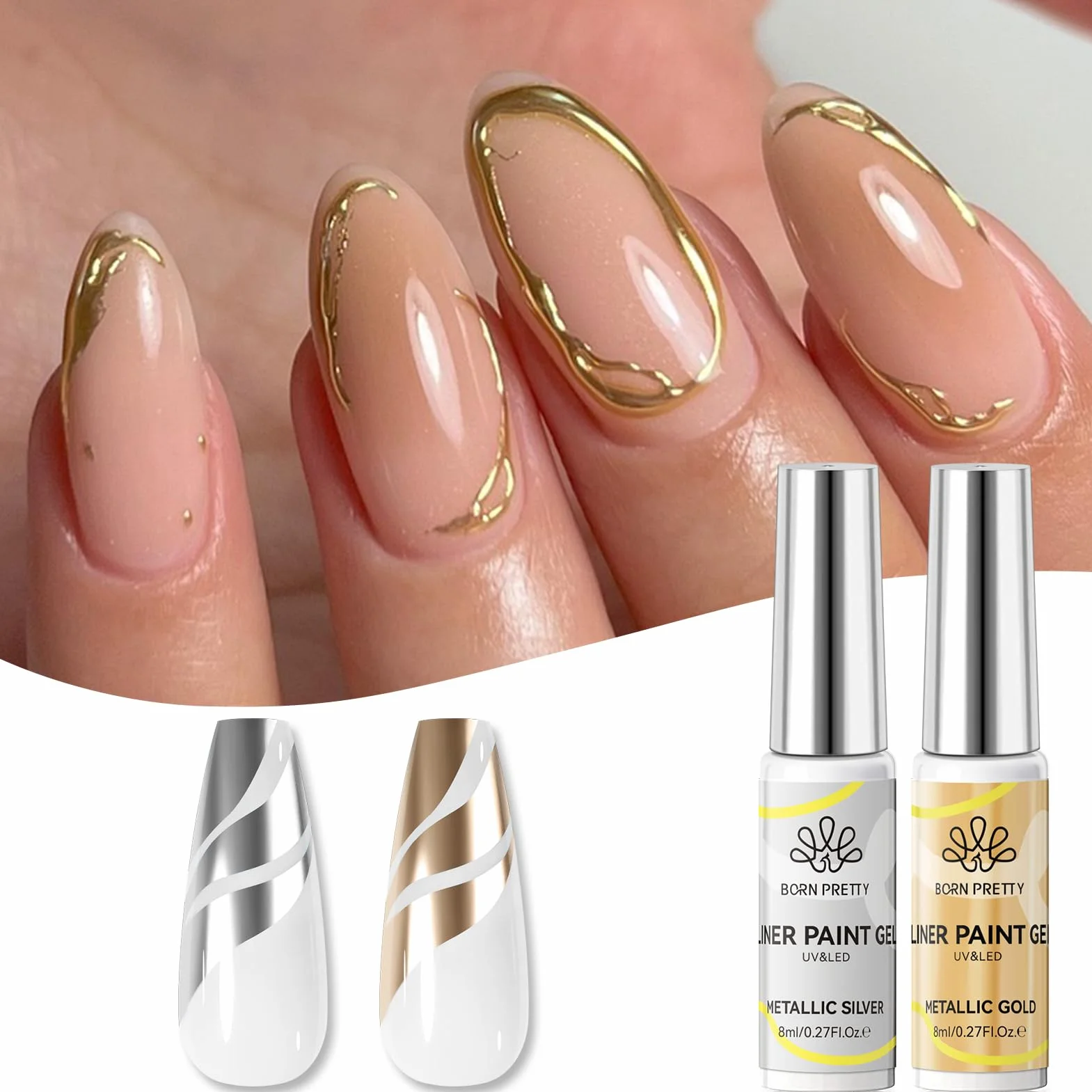 Born Pretty Zestaw żelowych lakierów do paznokci - Mirror Chrome Silver Gold Gel Liner Nail Art Metaliczny efekt lustrzany Swirl Nail Art Gel Polish zestaw do manicure do salonu DIY