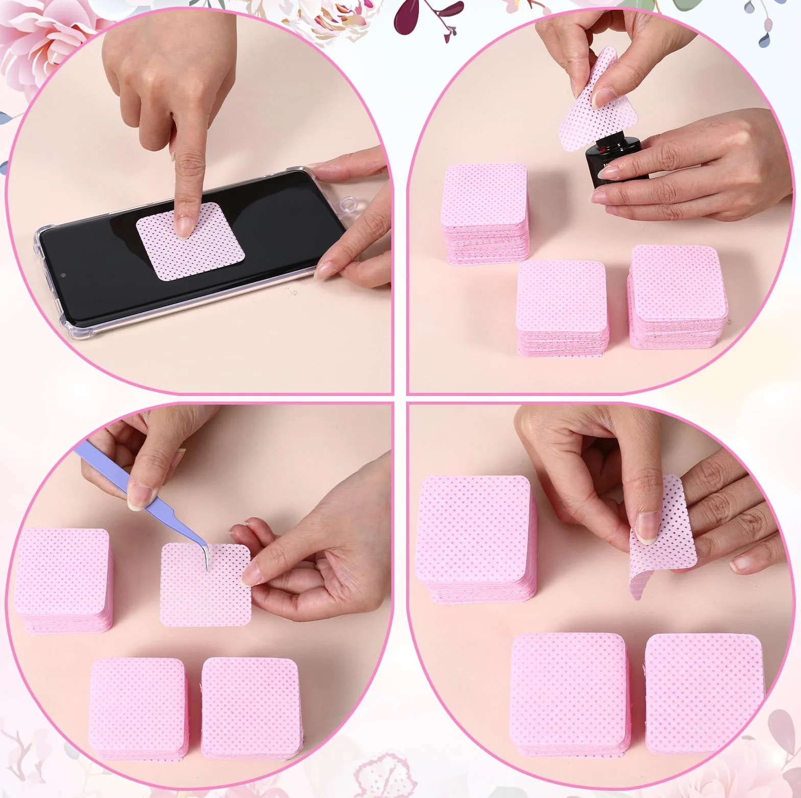 1000 sztuk wałków do paznokci, Lint Free Nail Chusteczki do paznokci żelowych, do czyszczenia paznokci żelowych, niestrzępiące się waciki do manicure i masażu stóp (różowe)