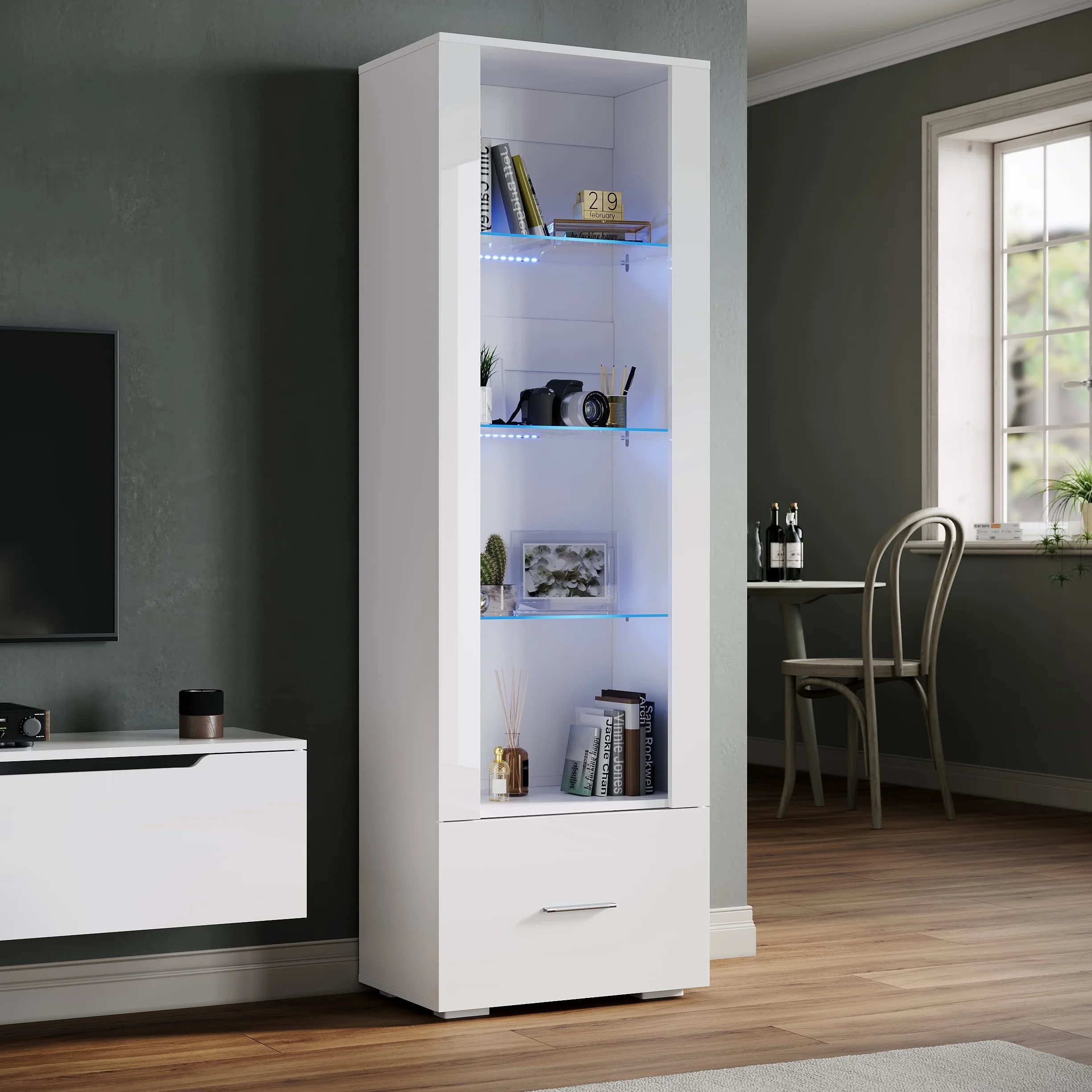 SONNI Witryna z oświetleniem LED, szklana witryna z szufladami, biała, front na wysoki połysk, witryna kolekcjonerska, szafa z witryną, szer. 550 x gł. 350 x wys. 1720 mm