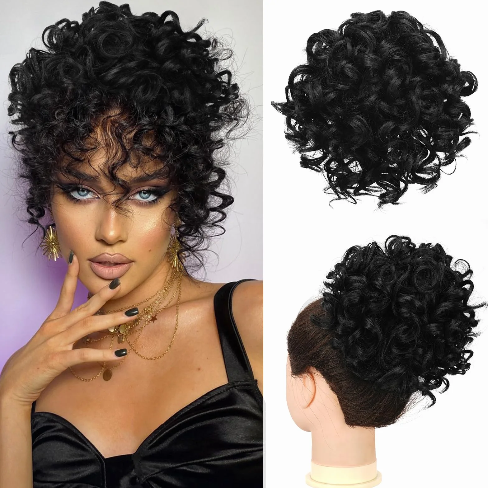 RUWISS Messy Bun krótkie kręcone przedłużenie końskiego ogona, elastyczny ściągacz, luźne włosy, treska dla kobiet, updo (80 g, naturalnie czarne)