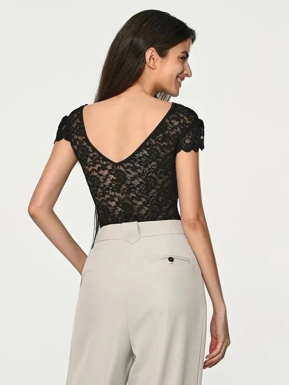 Haibang Seksowne damskie koronkowe body z dekoltem w szpic body kwiatowy top obcisła bluzka z krótkim rękawem bezrękawnik eleganckie koszule Cami Bluzka Clubwear