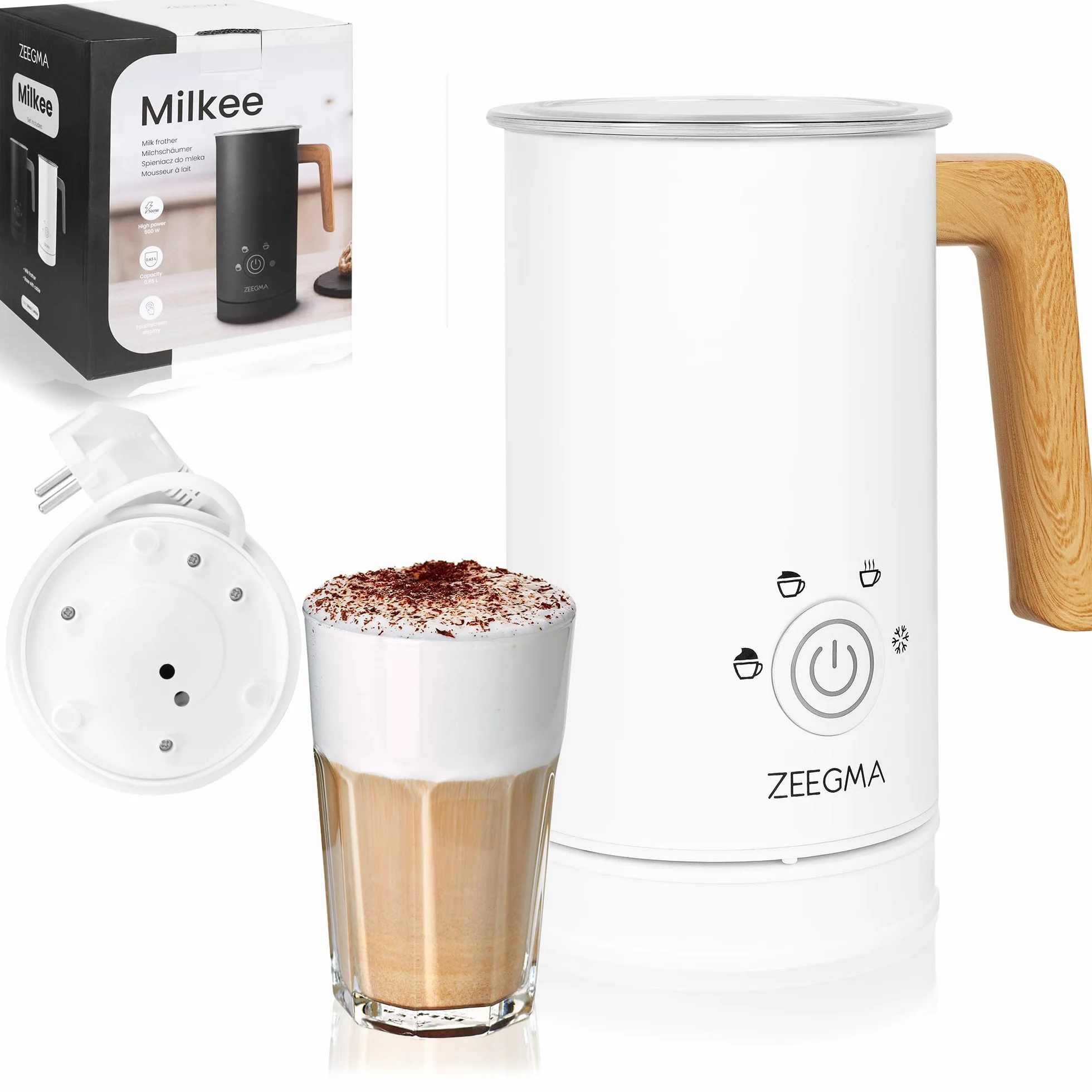 ZEEGMA MILKEE Spieniacz do Mleka Moc 500 W Pojemność 650 ml Spienianie Podgrzewanie Mleka i Zimnej Pianki do Cappuccino, Nieprzywierająca Powłoka, Kawy Latte, Kakao Dotykowy Panel