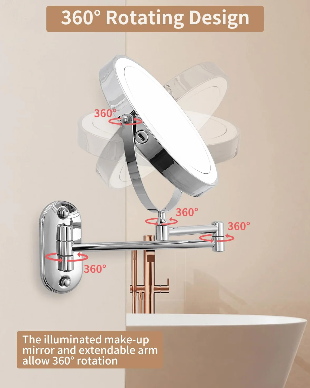 jutyum Lusterko kosmetyczne z oświetleniem LED, obracane o 360°, montaż ścienny, lustro do makijażu do łazienki, z oświetleniem 1x/10x, z oświetleniem, 3 kolory światła