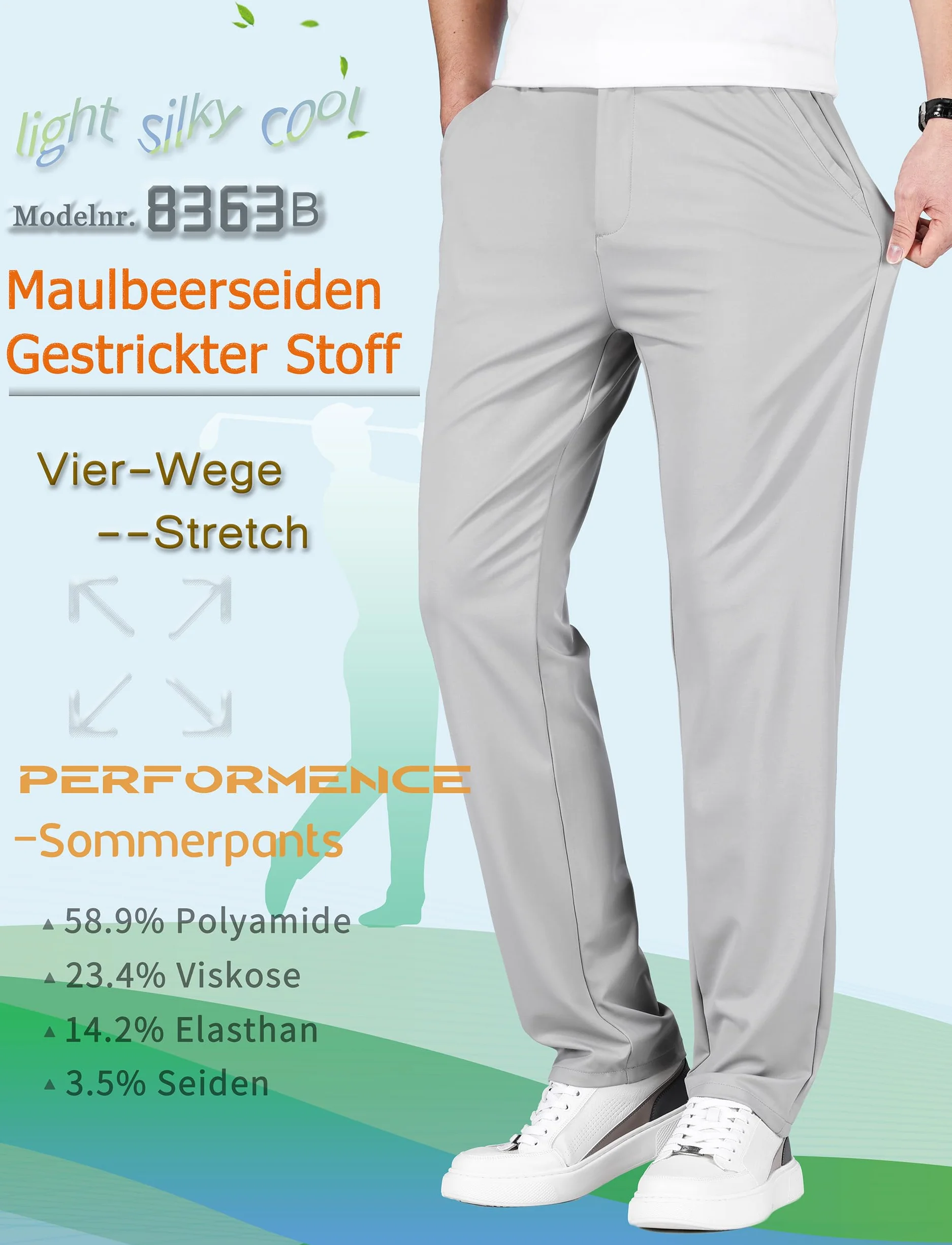 Męskie spodnie golfowe, długie spodnie do biegania, spodnie sportowe, dresowe, materiał super rozciągliwy, 8363b srebrno-szary, 42W / 31L