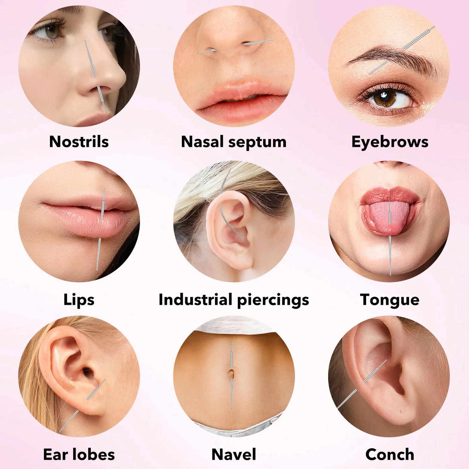 Zestaw 12 igieł do piercingu i pęsety kulkowe 14G, 16G, 18G, 20G, 20 G, zaciski do piercingu bez gwintu wewnętrznego i zewnętrznego