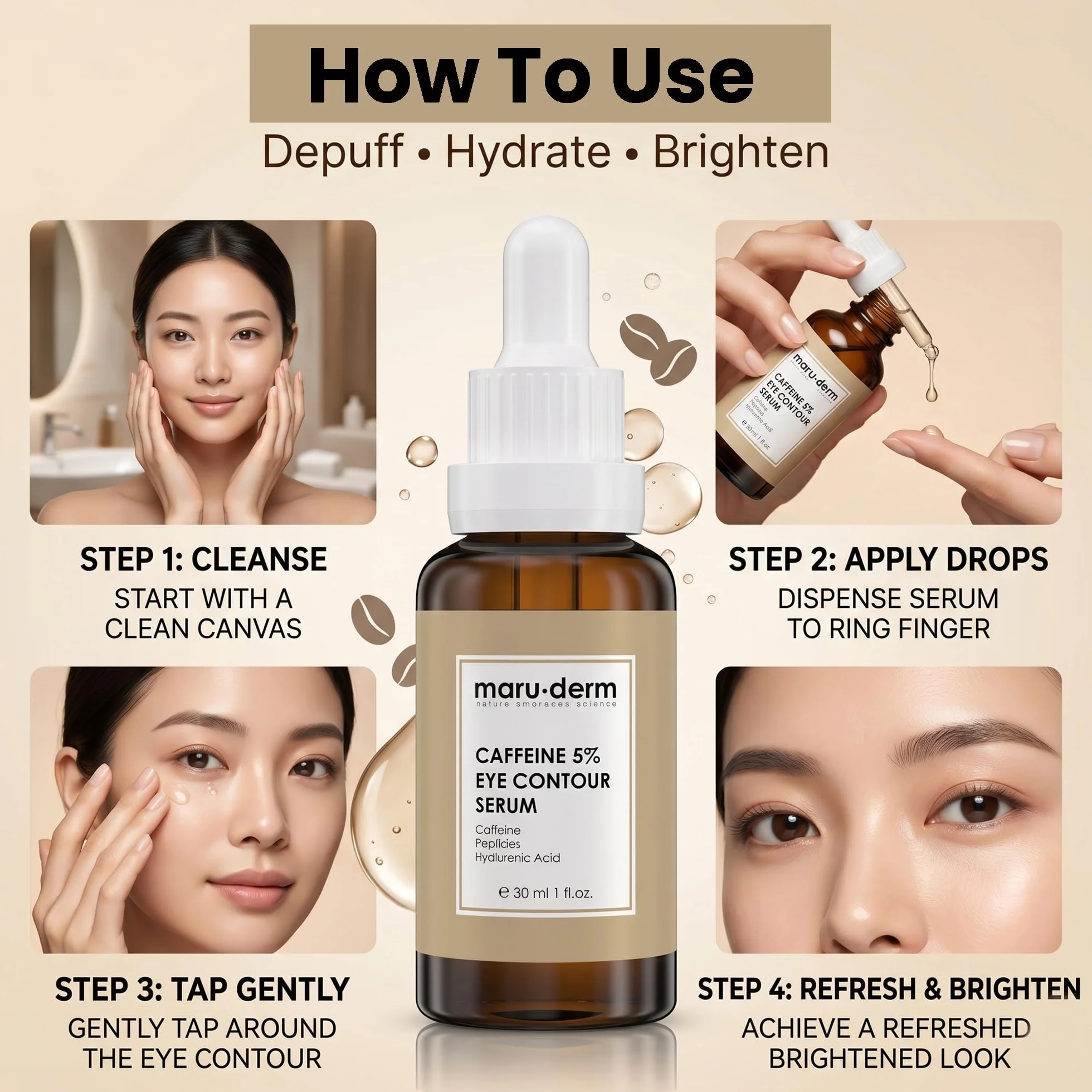 Maruderm Serum pod Oczy z Kofeiną 5% i Peptydami - Pomaga Zmniejszyć Cienie i Opuchnięcia, Długotrwałe Nawilżenie, Delikatna Skóra Okolic Oczu, 30 ML