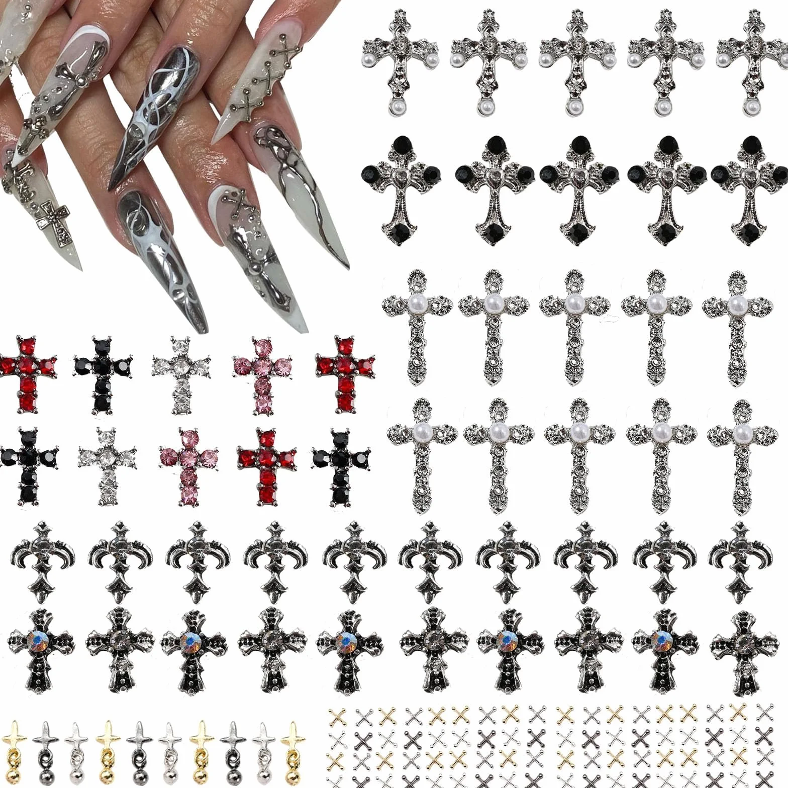 100 sztuk zawieszek do paznokci krzyżowych, dekoracja 3D do zdobienia paznokci, perłowe kamienie szlachetne, diamentowe ozdoby do paznokci, stop metalu, kryształ górski