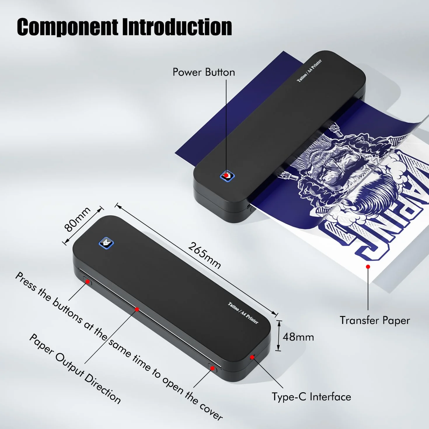 TATELF Drukarka szablonowa Bluetooth A4 Drukarka termiczna Tattoo 2600 mAh 20 arkuszy papieru transferowego do telefonów i komputerów z systemem Android i iOS
