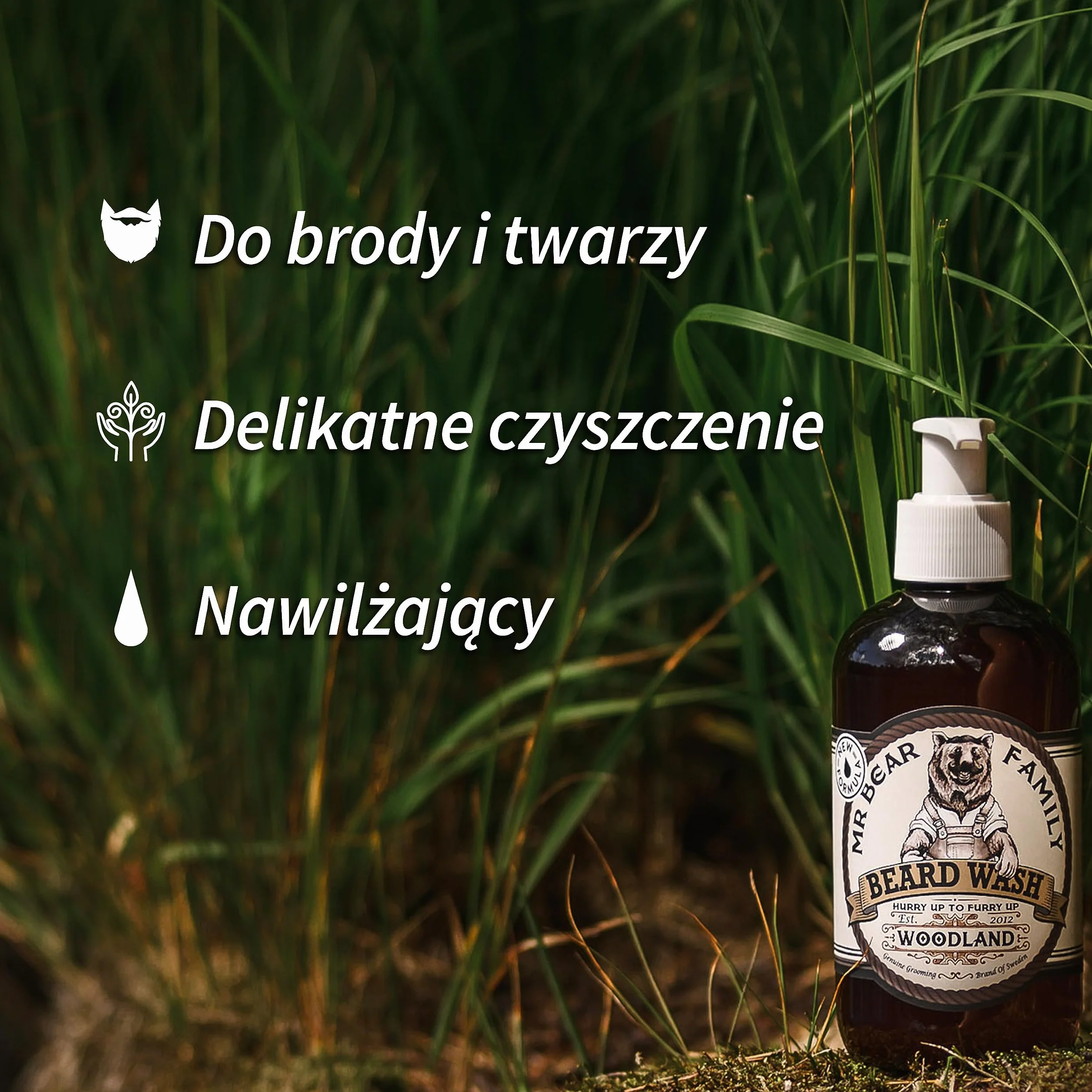 Naturalny szampon do brody dla mężczyzn – odżywczy wegański płyn do mycia brody zawiera ekstrakt z owsa przeciw świądowi brody przeciw zarostowi + kojący oczar wirginijski + witamina E dla pełniejszego, zdrowszego zarostu – Woodland 250ml