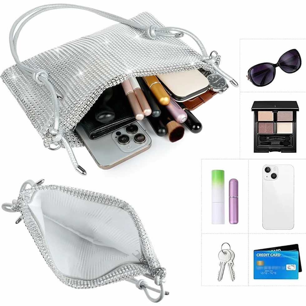 Torba crossbody z kryształem górskim srebrna kopertówka stras wieczorowa
