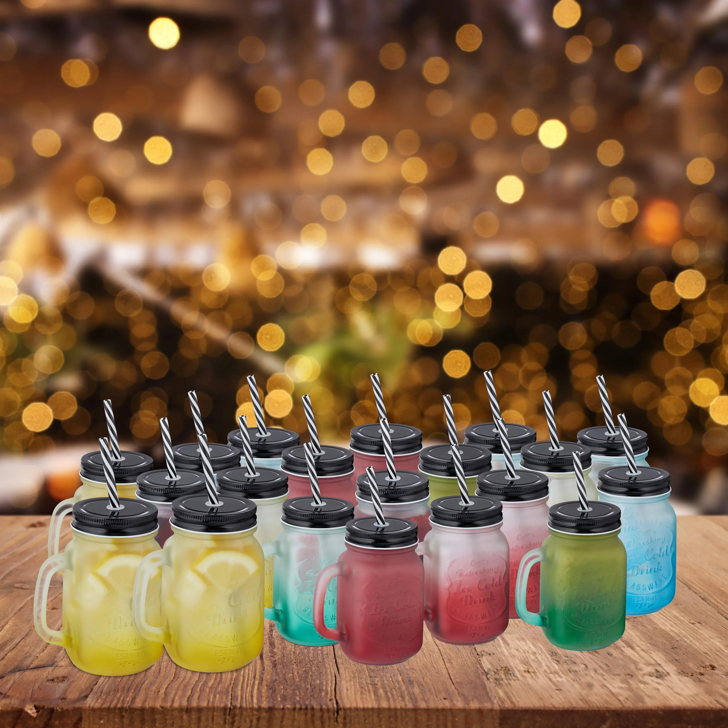 Relaxdays Szklanki do picia z pokrywką i słomką, zestaw 20 sztuk, 400 ml, matowe kieliszki letnie z uchwytem, kolorowe/czarne