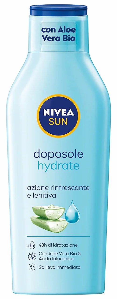 NIVEA SUN Latte Hydrate po opalaniu w butelce maxi 400 ml, krem po opalaniu z bioaloesem i kwasem hialuronowym, nawilżający krem do ciała o działaniu chłodzącym i kojącym