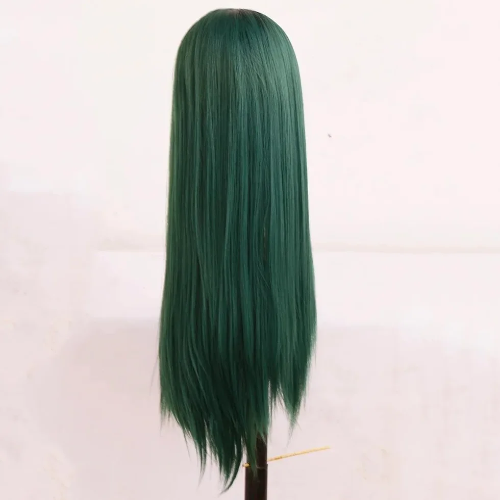 Zielone długie proste peruki dla kobiet środkowe naturalne włókna syntetyczne peruki na imprezę cosplay pełna peruka (61 cm)