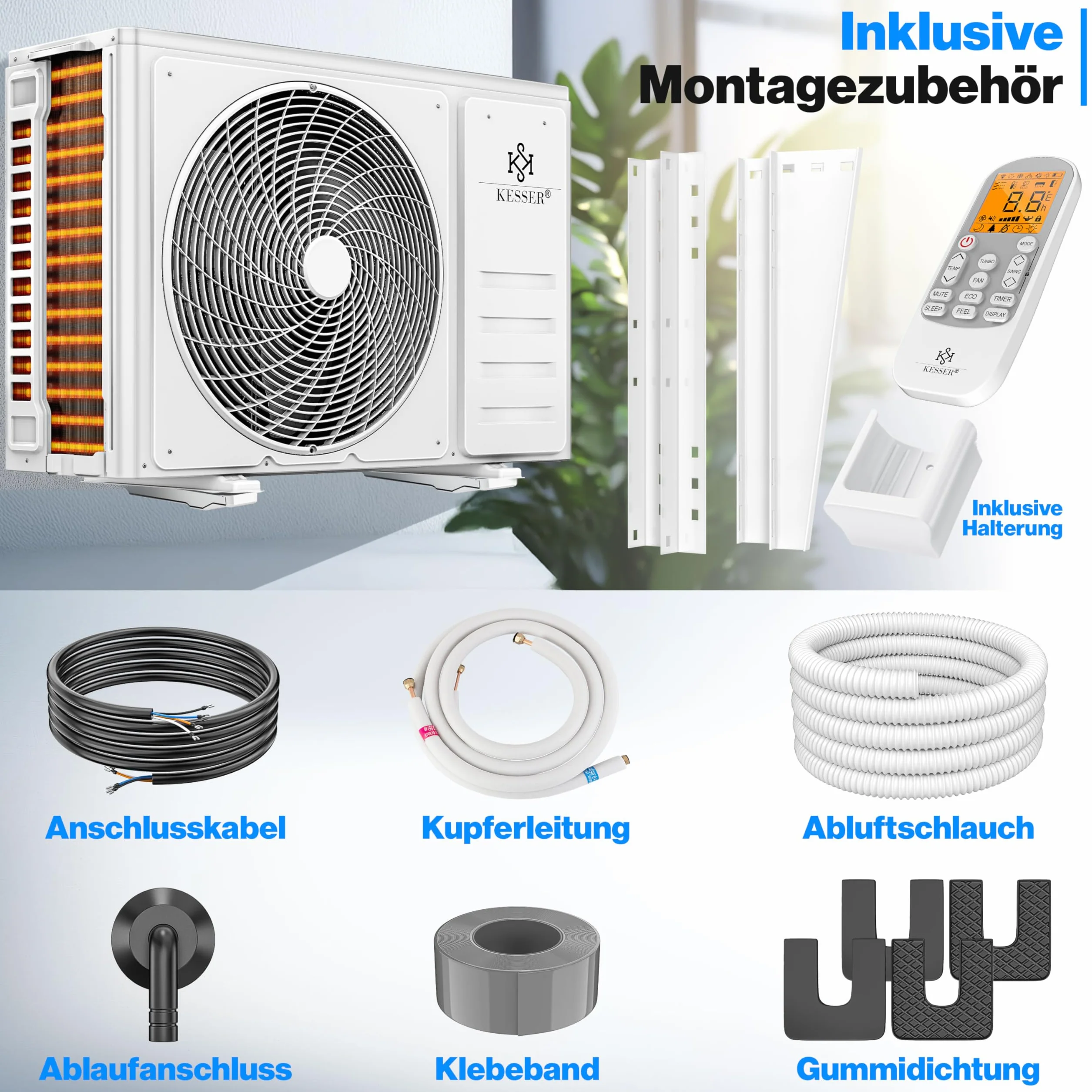KESSER Zestaw klimatyzacji Split – z funkcją WiFi / aplikacji – chłodzenie A++/ ogrzewanie A+ – 9000 BTU/h (2600 W), bardzo cichy, czynnik chłodniczy R32 – pilot zdalnego sterowania, funkcja timera