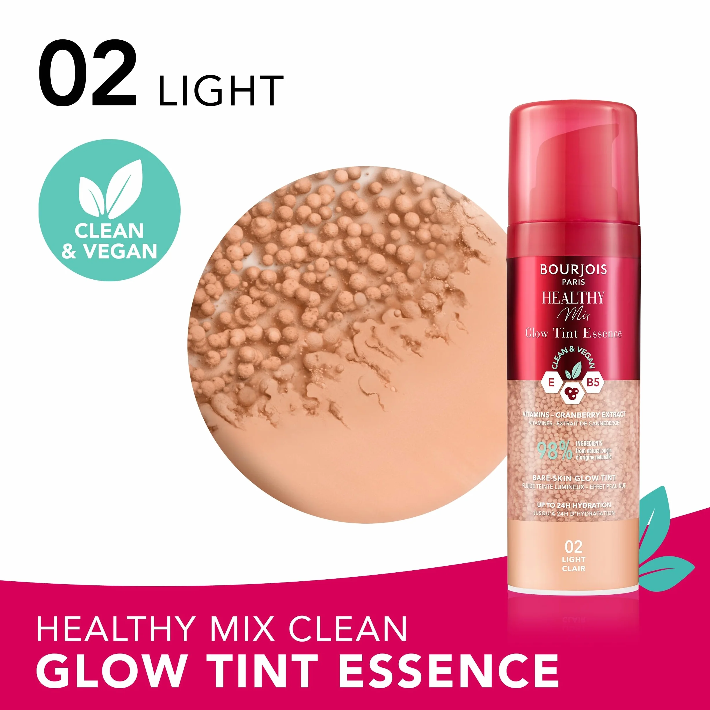 Bourjois Healthy Mix Glow Tint Essence nawilżająca esencja wyrównująca koloryt skóry, 02 Light, 30 ml