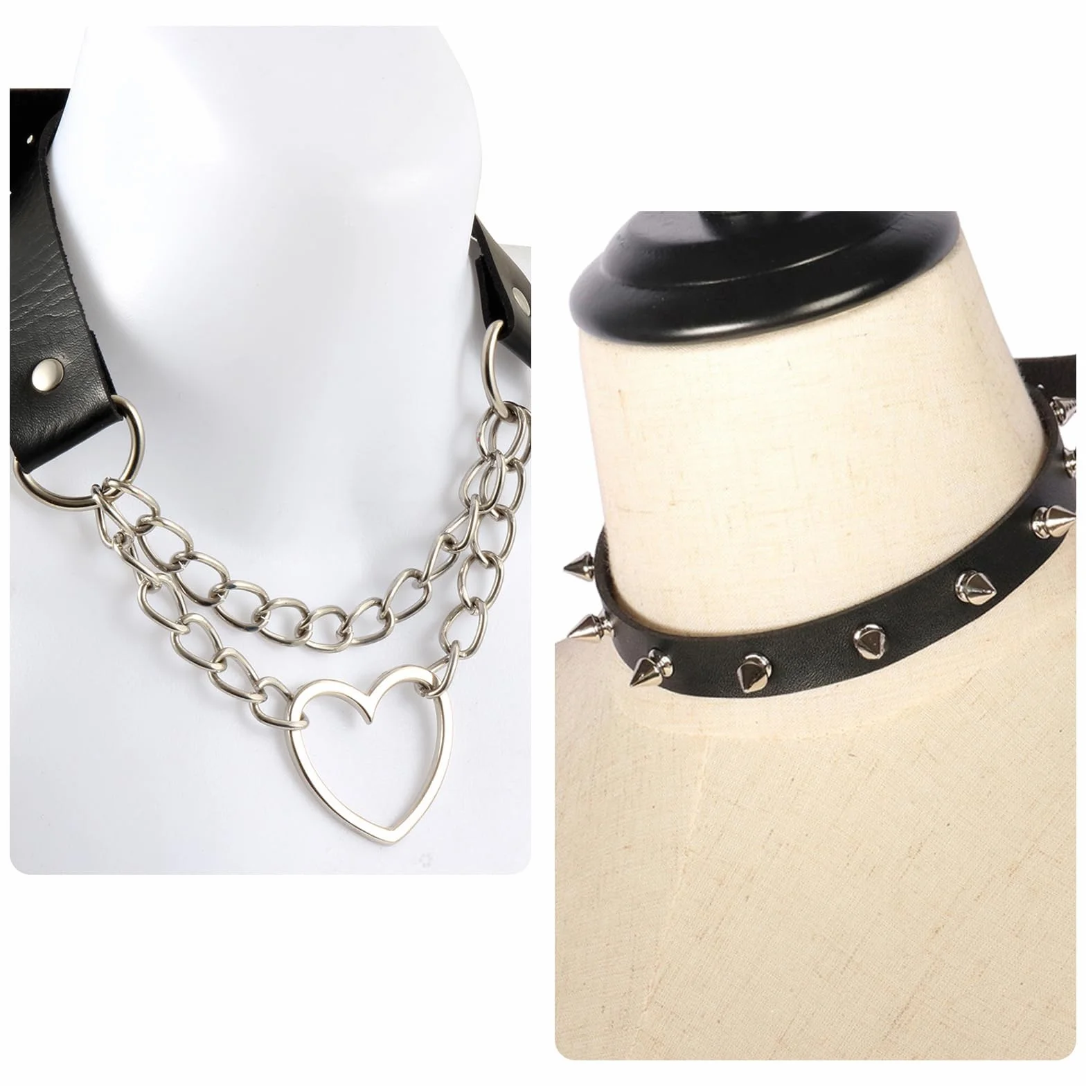 Skórzany choker w kształcie serca, czarny ćwikowy naszyjnik z ćwiekami, regulowany, PU, Jeden rozmiar