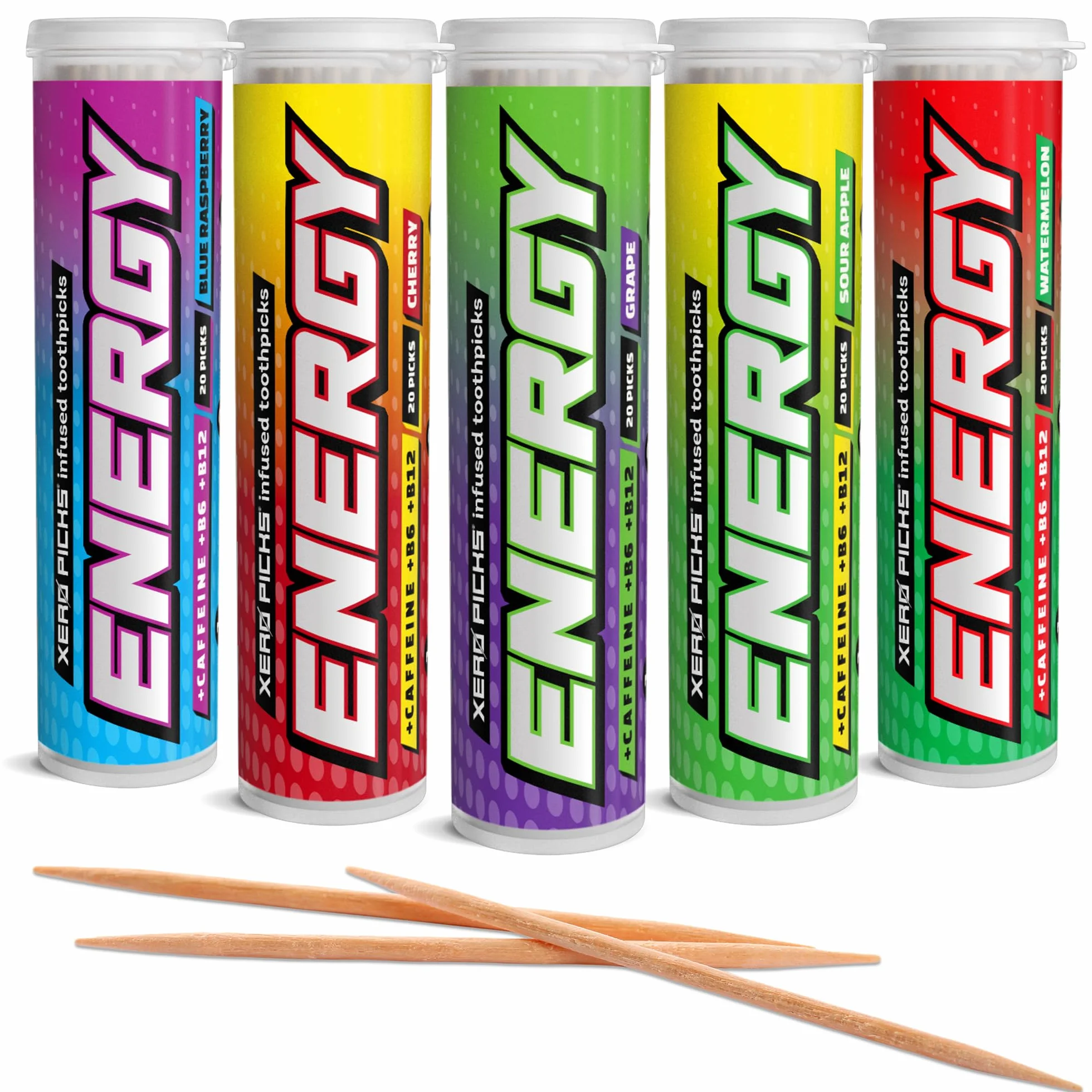 Xero Picks Energetycznie aromatyzowana wykałaczka z kofeiną, B12 i B6 (zestaw 20 sztuk (opakowanie 5 szt.)