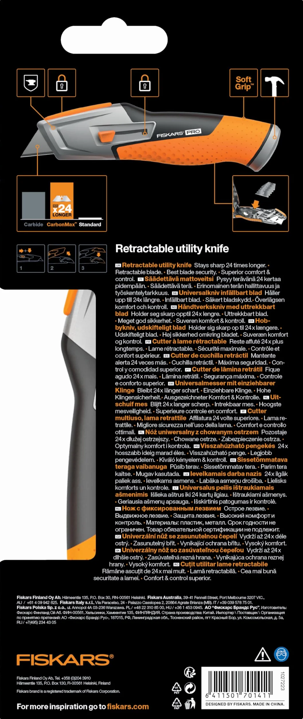 Fiskars Nóż uniwersalny z wysuwanym ostrzem, Długość 17,7 cm, Stal nierdzewna/ tworzywo, czarny/ pomarańczowy, CarbonMax, 1027223