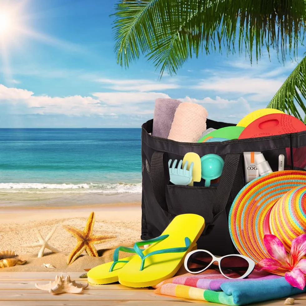 flintronic Duża siatkowa torba plażowa, duża, składana, siatkowa torba plażowa z zamkiem błyskawicznym, odporna na piasek torba plażowa, siatkowa torba plażowa na lato