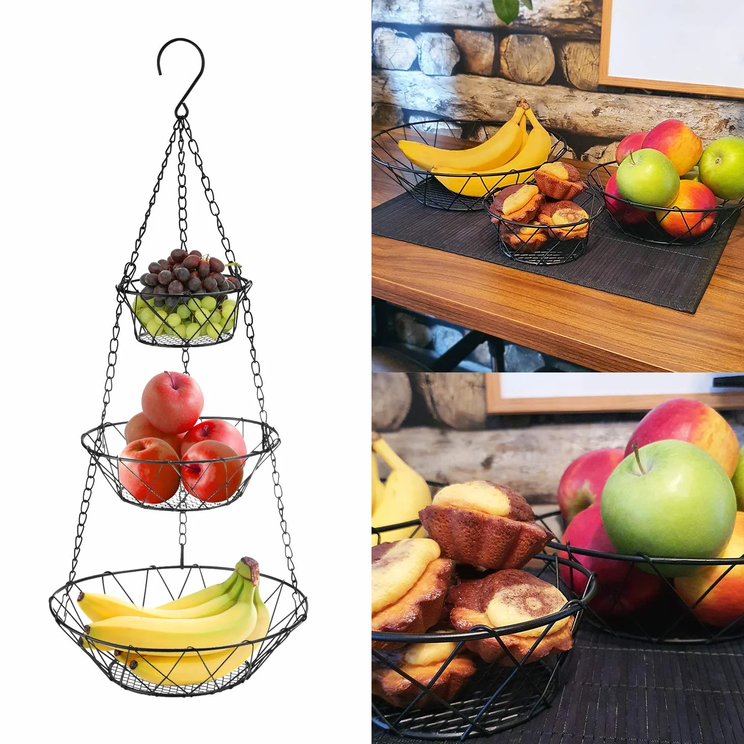 COM-FOUR® Kosz na owoce do zawieszenia wykonany z metalu w kolorze czarnym - pólka wiszaca o Ø 28 cm (czarny - okragly)