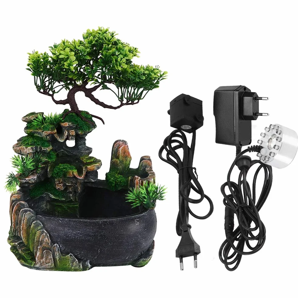 Fontanna na biurko, wewnętrzna fontanna na biurko Wodospad LED Fontanna na biurko ze zmianą koloru do dekoracji biurka Symulacja Rockery Humidifier Decor (EU 220V)