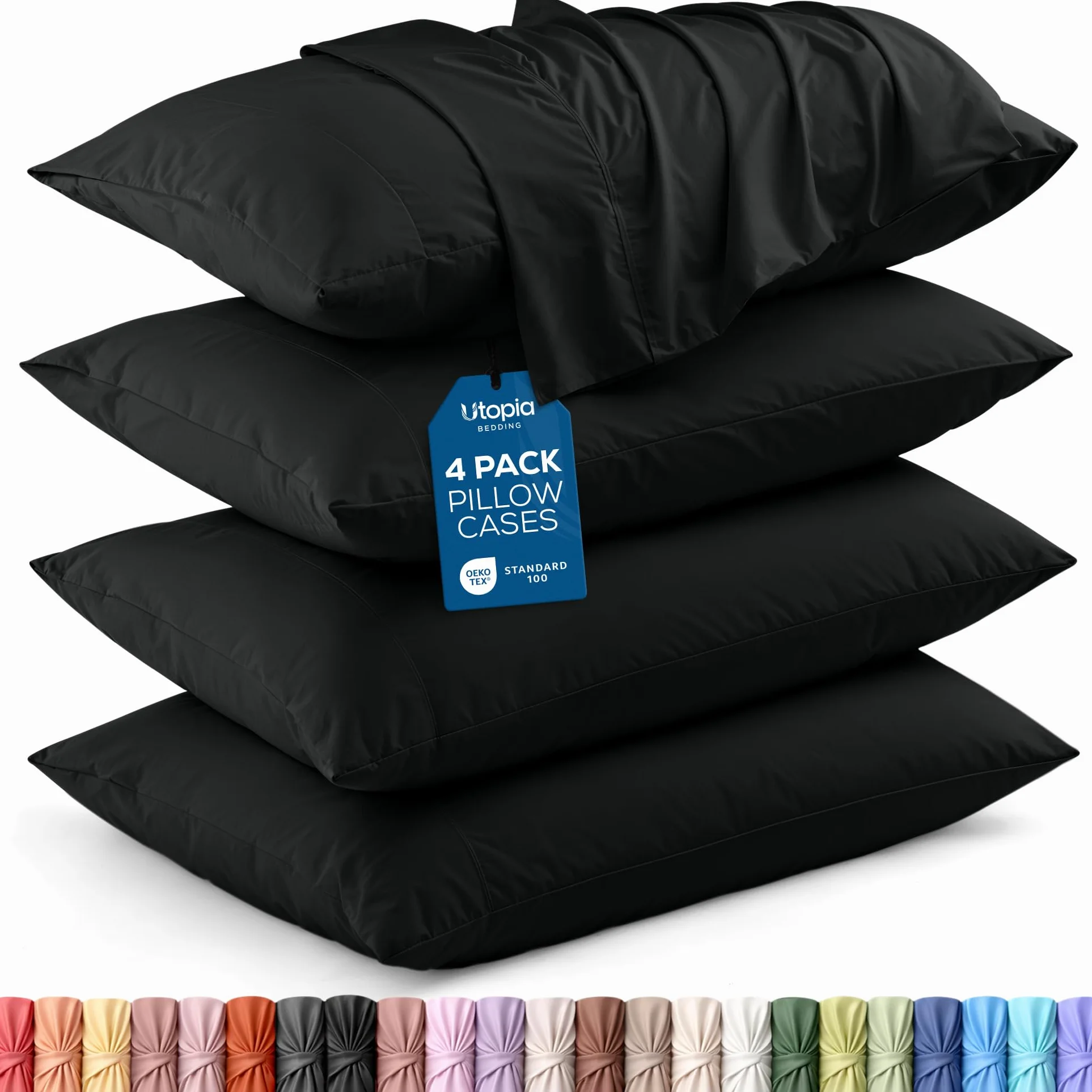 Utopia Bedding Poszewki na poduszki typu queen, 4 sztuki, zamknięcie kopertowe, miękka szczotkowana tkanina z mikrofibry, odporne na kurczenie się i blaknięcie, rozmiar queen size, 50 x 76 cm (czarne)
