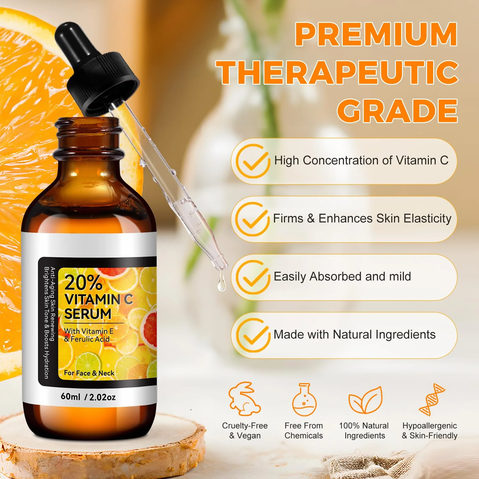 Serum z witaminą C 60 ml, serum z witaminą C z kwasem laluronowym, witaminą E, aloesem, naturalną formułą przeciwzmarszczkową z kwasem ferulowym, organiczne, wegańskie, nawilżające i rozjaśniające