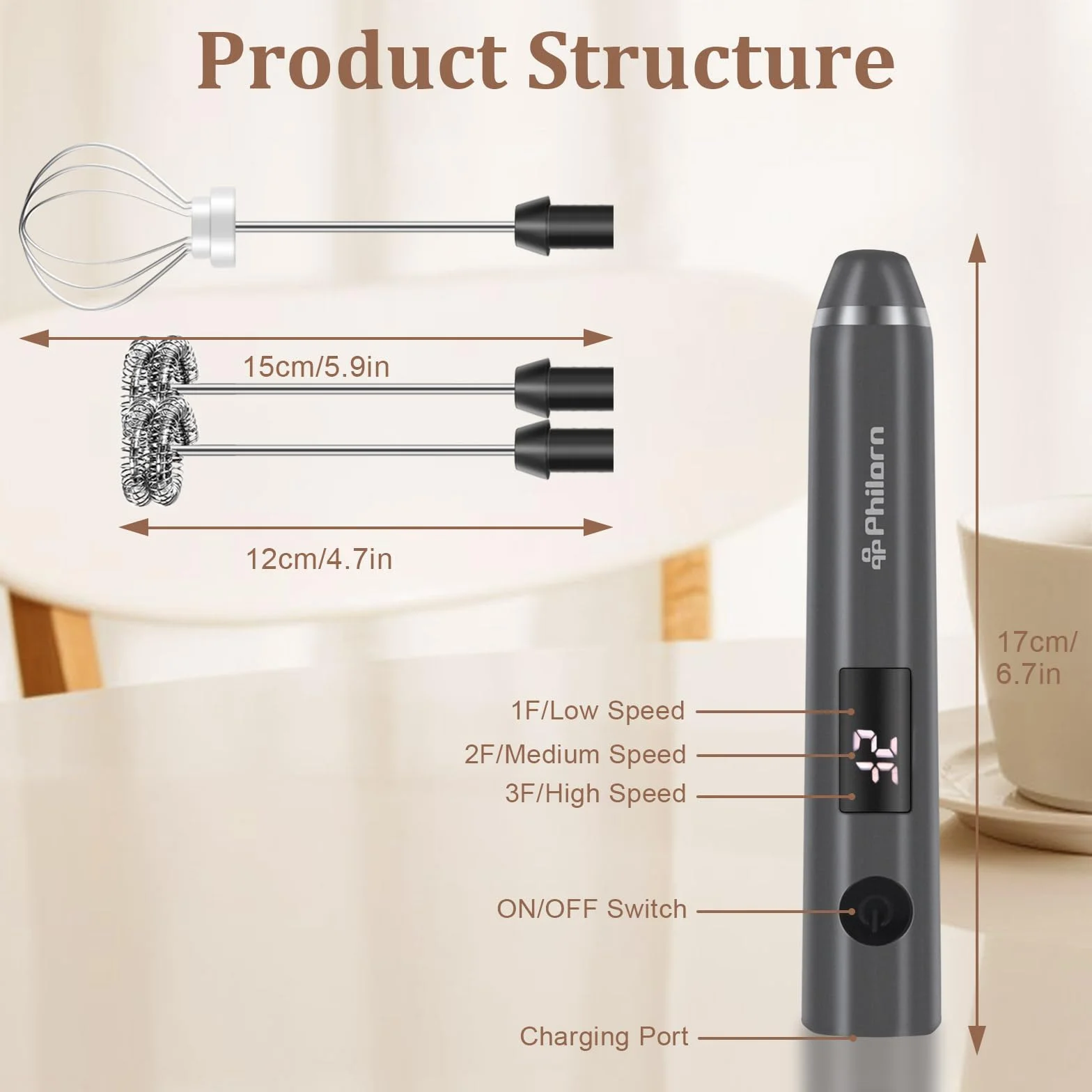 Philorn Elektryczny spieniacz do mleka USB-C z wyświetlaczem baterii LCD – 2 końcówki, 3 stopnie, ręczny spieniacz do mleka, możliwość ponownego ładowania, akumulator, idealny do kawy, latte