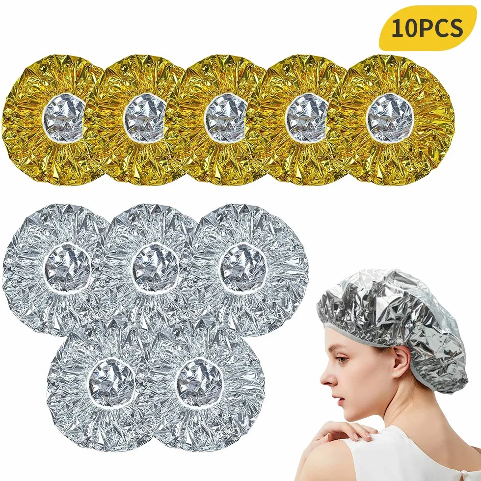 czepki grzewcze z folii aluminiowej, 10 sztuk, czepki prysznicowe, do wielokrotnego użytku, z folii aluminiowej, czepki do włosów, dla kobiet i mężczyzn (złoty, srebrny)