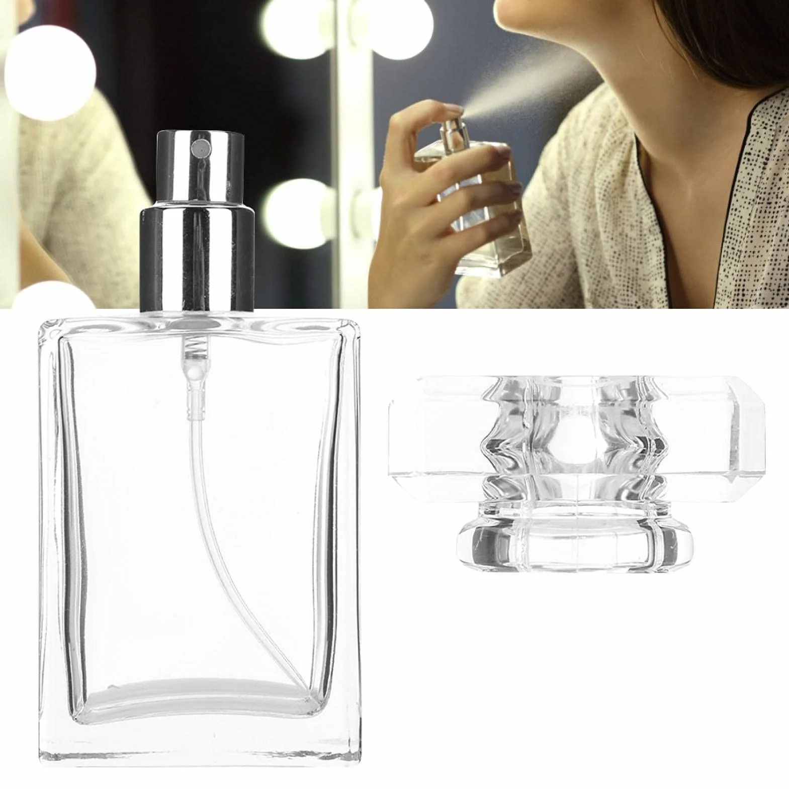 Butelka z rozpylaczem perfum, 30 ml, pusta szklana butelka na perfumy, do wielokrotnego napełniania, prostokątna flakon, do pakowania perfum w podróży, 9,4 x 4,6 cm (przezroczysta)