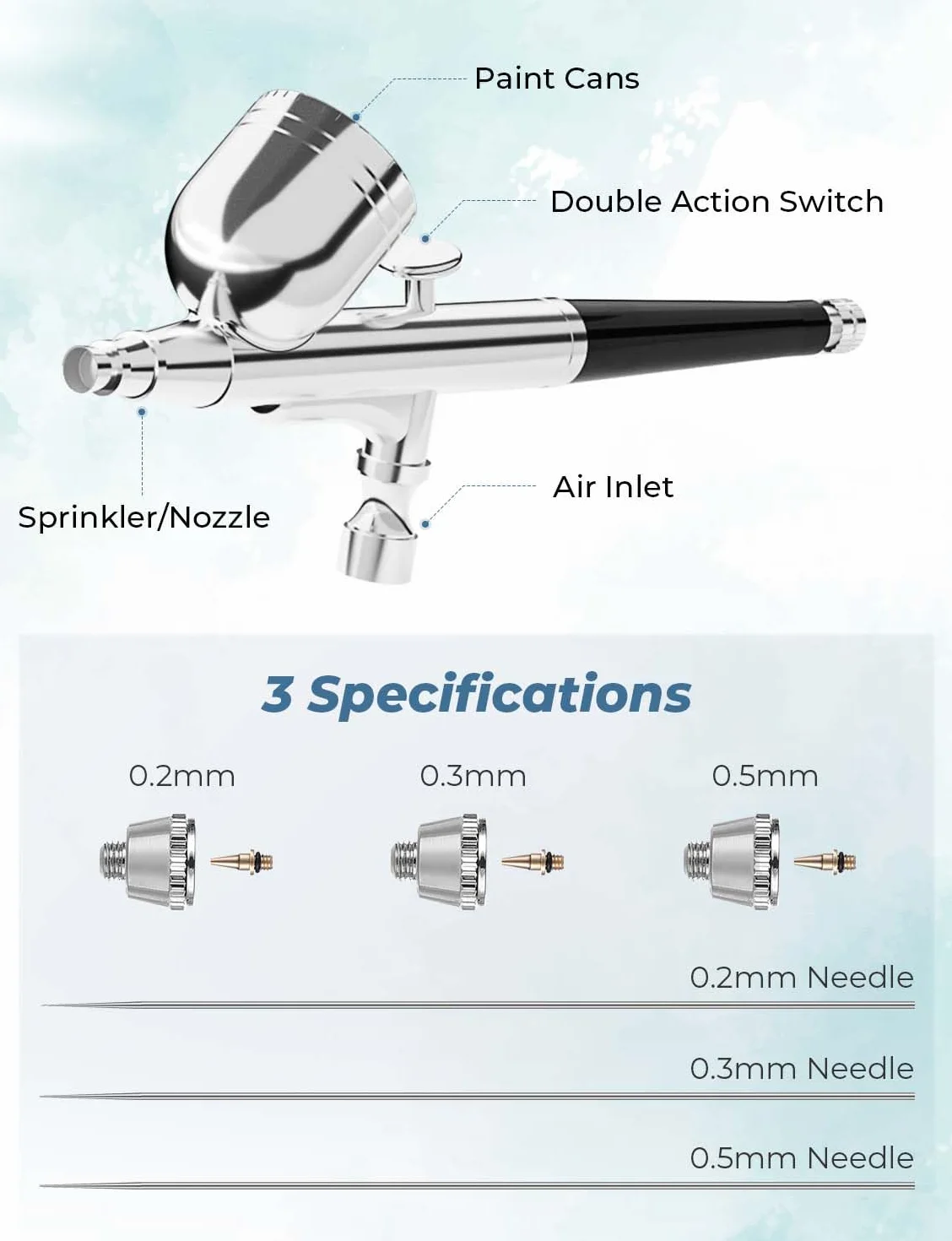 Oasser Zestaw Aerograf ze sprężarką Aerograf Dual Action 36 PSI dysza 0,2 0,3 0,5 mm do paznokci, malowania, modelarstwa, tatuażu, makijażu, ciast, niebieski