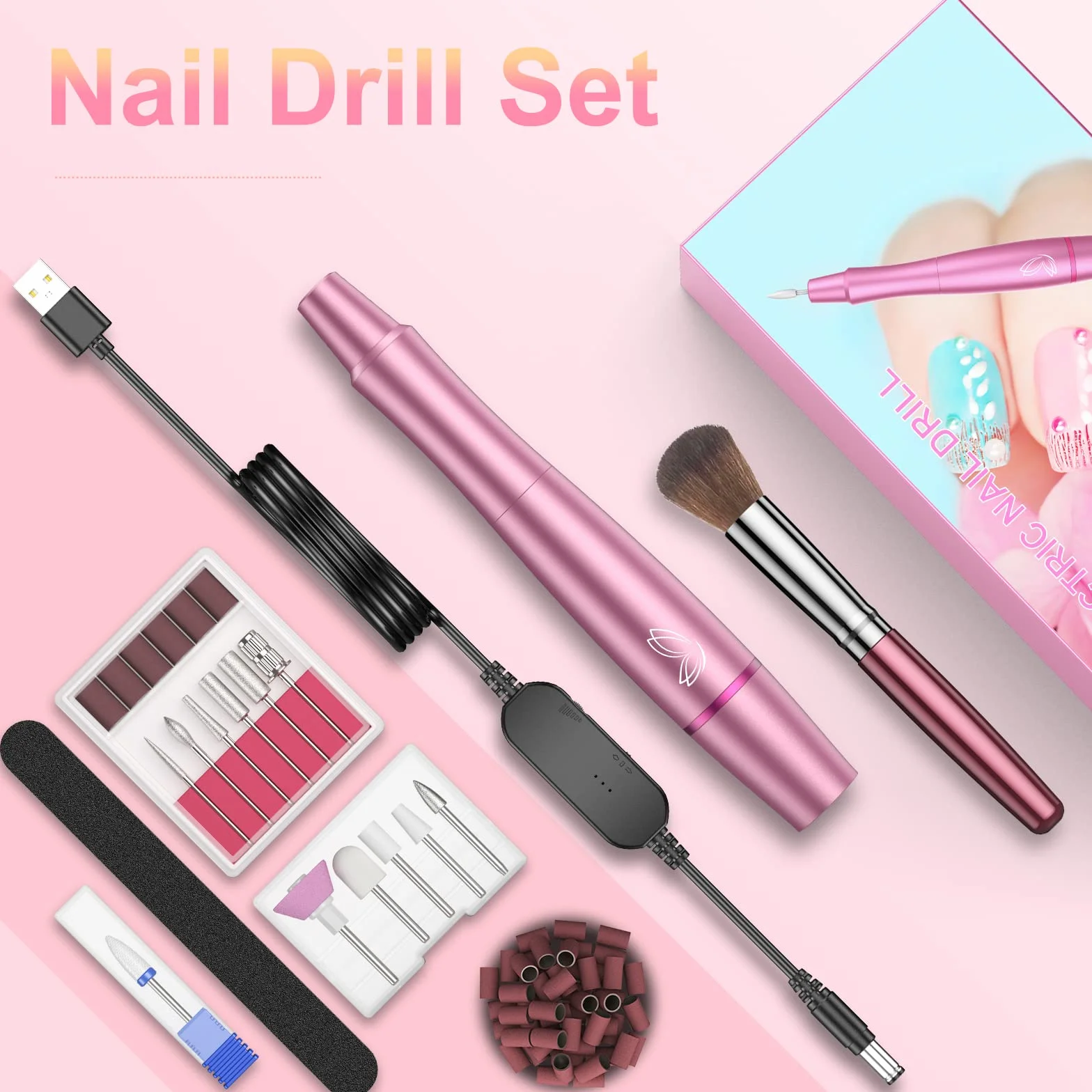 Frezarka do paznokci żelowych, elektryczna frezarka do paznokci, zestaw do manicure, elektryczna frezarka do paznokci żelowych, 12 w 1, bezstopniowa prędkość do manicure "zrób to sam" (różowa)