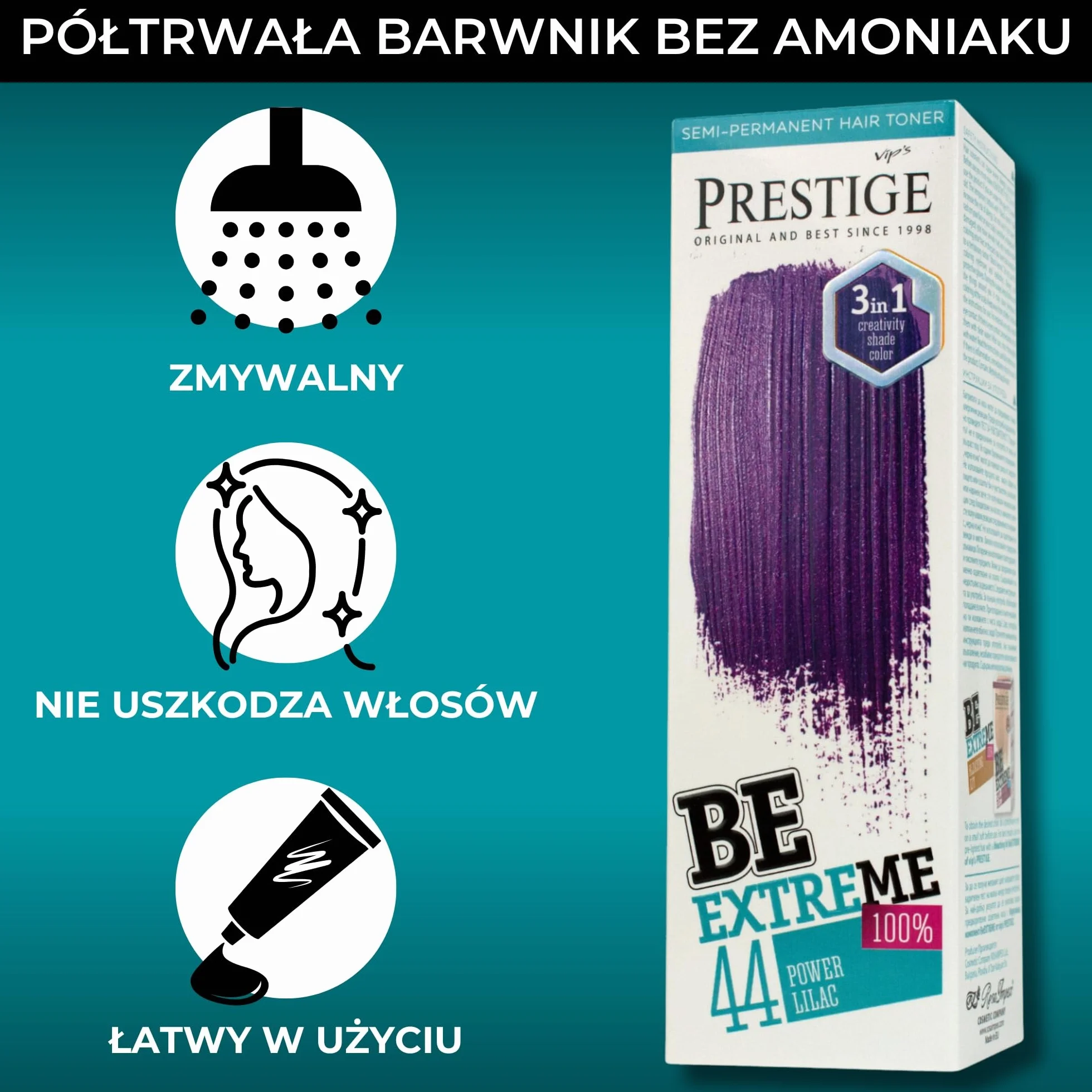 Vip's Prestige Be Extreme | Półtrwały tonik do włosów Kolor 44 Fioletowy intensywny | Czysty pigment | Nadaje kolor rozjaśnionym lub siwym włosom | Bez amoniaku, parabenów i PPD