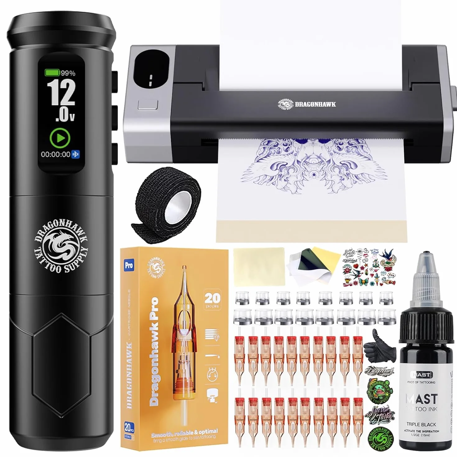 Dragonhawk A1 Pro zestaw do tatuażu, bezprzewodowa, obrotowa maszyna do tatuażu, długość 4,0 mm, 20 igieł, dla początkujących