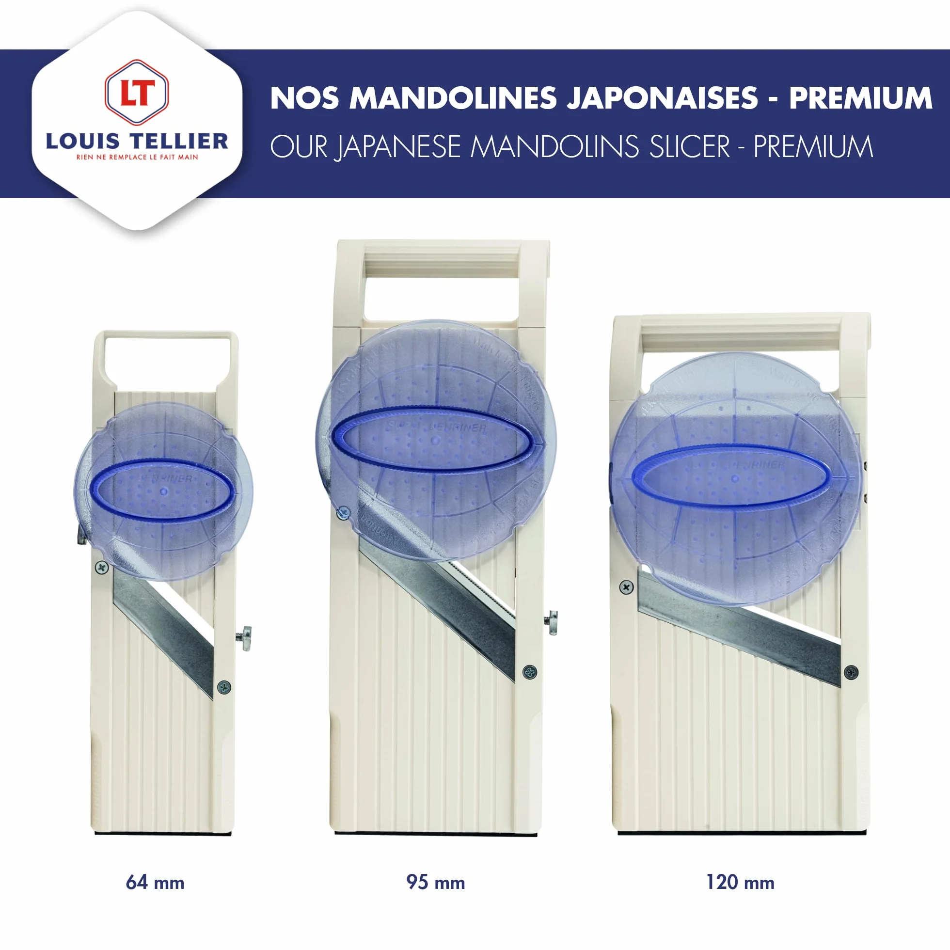 Benriner - Japońska Mandolina Premium 120 mm + popychacz bezpieczeństwa - ABS + stal nierdzewna - plasterek owoców i warzyw oraz frytki i Julienne - 3 wymienne ostrza