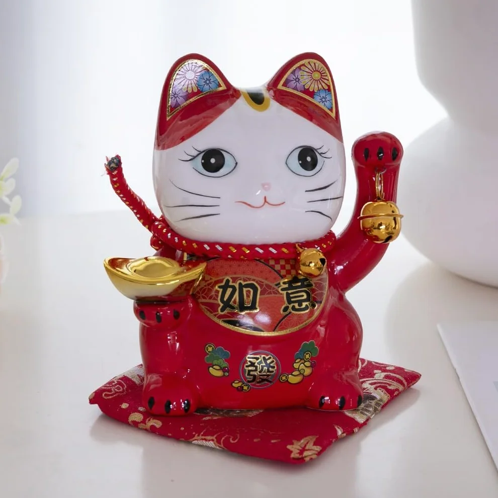 lachineuse Kot szczęścia i szczęścia – japoński Maneki Neko – czerwony – skarbonka – japońska dekoracja – japoński azjatycki pomysł na prezent