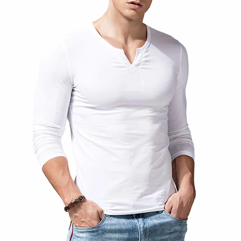 Męska koszulka Henley z długim rękawem slim fit casual dekolt w serek podkoszulki bawełna