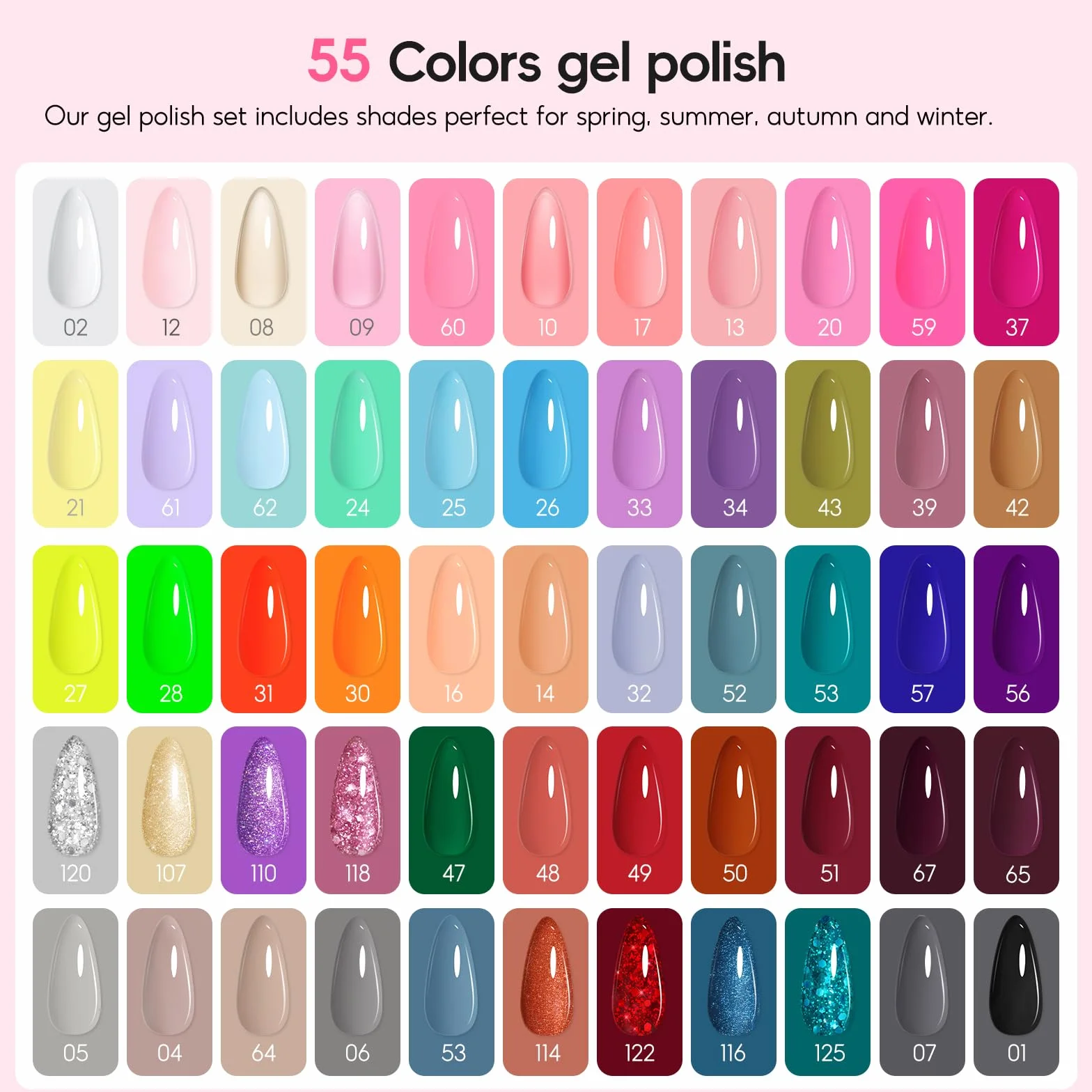 PEACECOLOR Zestaw 73 żelowych paznokci UV z lampą do paznokci, 55 kolorów, półtrwały lakier, zestaw do manicure'u, zestaw dla początkujących