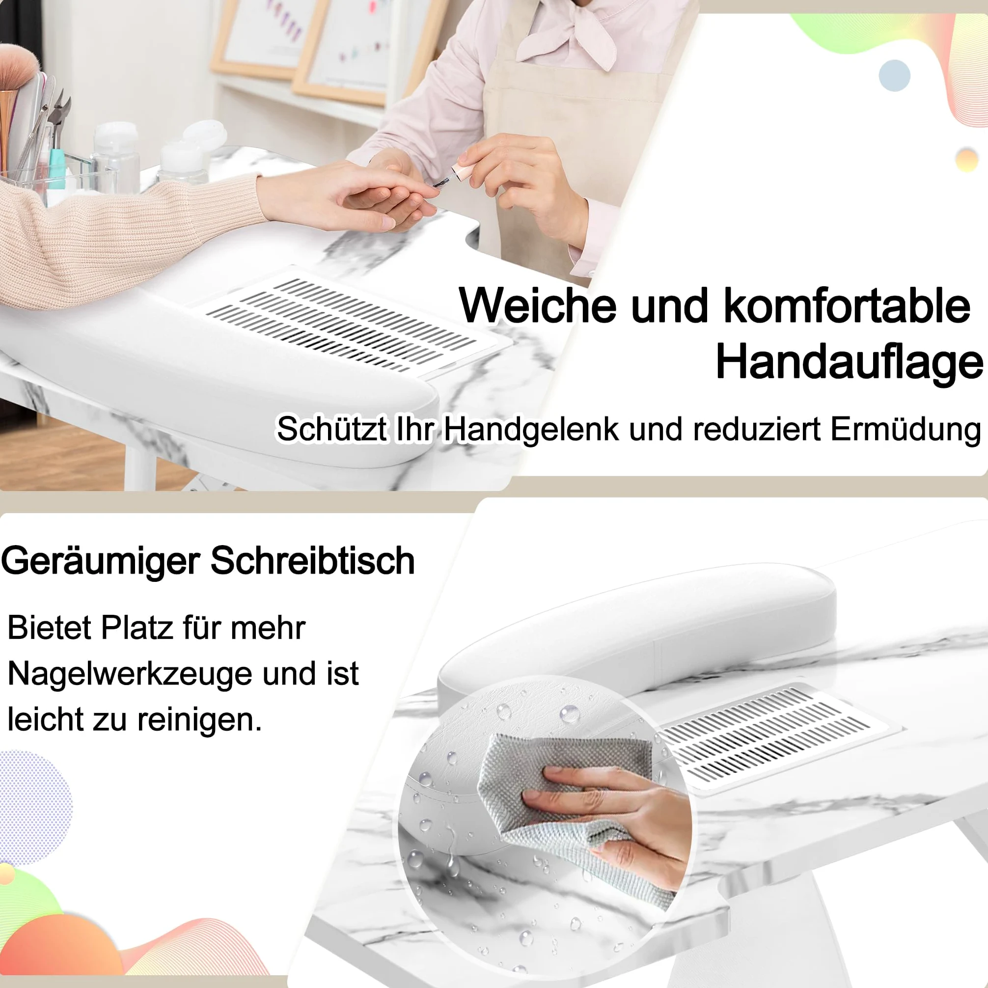 LARS360 Składany stolik do manicure z odsysaniem, stół do manicure z kółkami, poduszką na rękę, szufladą i torbą