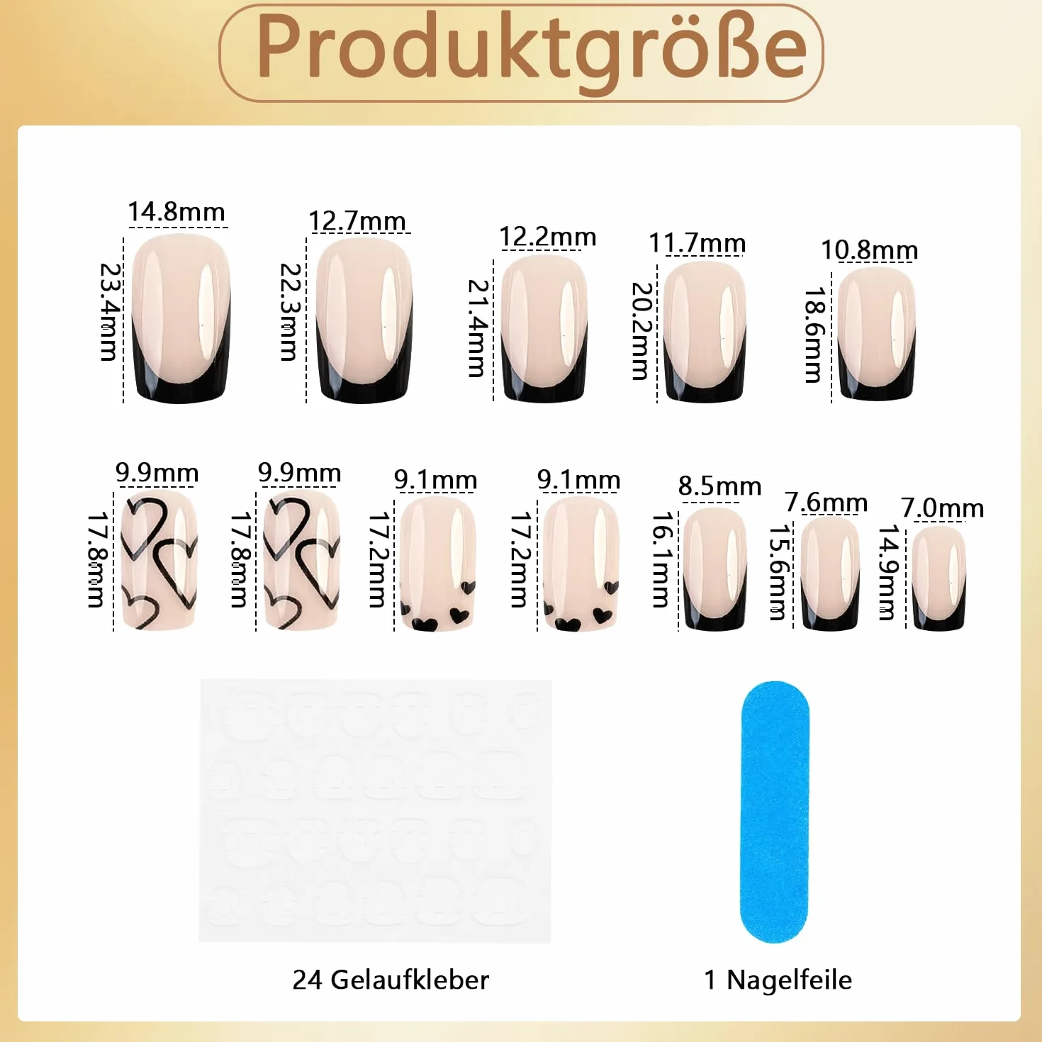 24 sztuki French Tip Press on Nails krótkie kwadratowe sztuczne paznokcie krótkie, czarne, akrylowe paznokcie z białym sercem, do naklejania, Fake Nails Soft Gel Extra Short naturalne i przyjemne