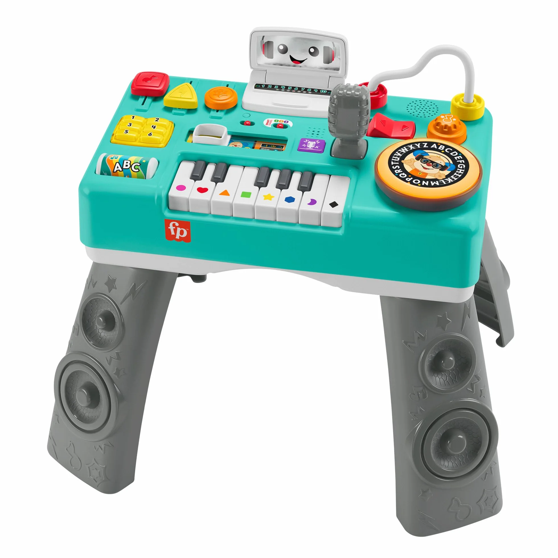 Fisher-Price Nauka stołu DJ, zabawka do nauki muzyki ze światłami i dźwiękami, holenderski + francuski + włoski + niemiecki + wersja EN, HRB67