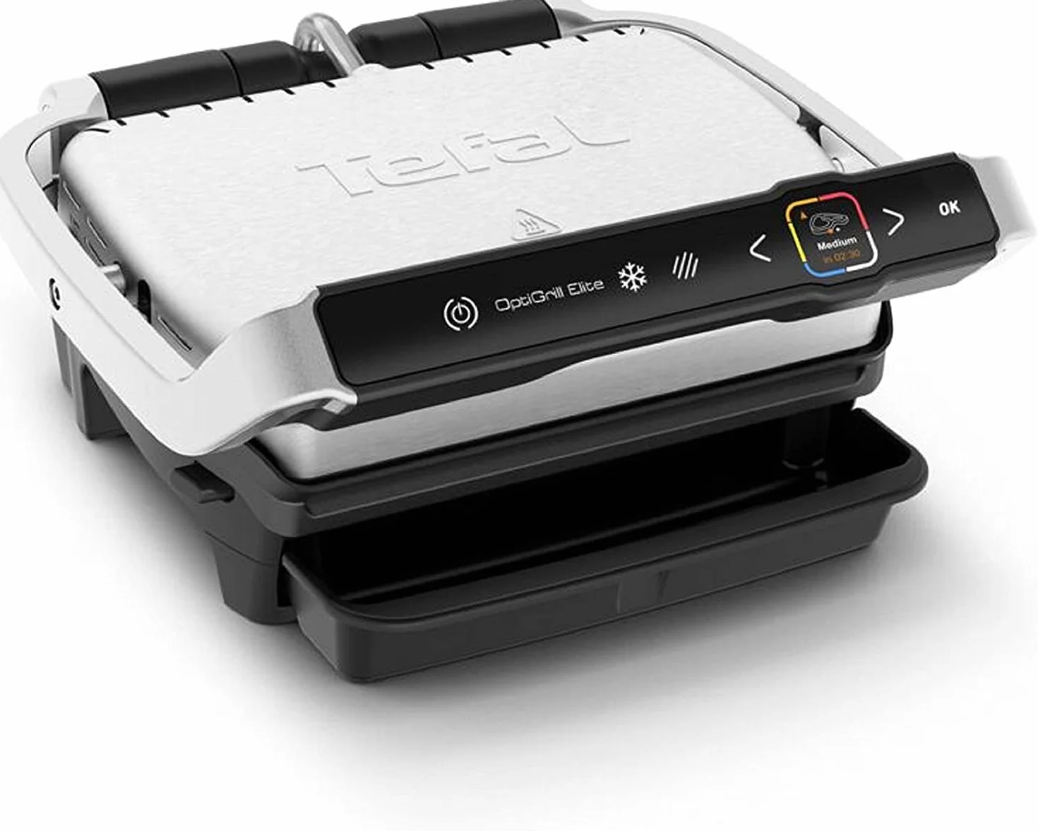 Tefal GC750 OptiGrill Elite Grill Elektryczny domowy, automatic sensor cooking, 12 automatycznych programów, asystent grillowania, pojemna tacka, wymiary 39.9 x 23 x 36.9 cm, srebrny