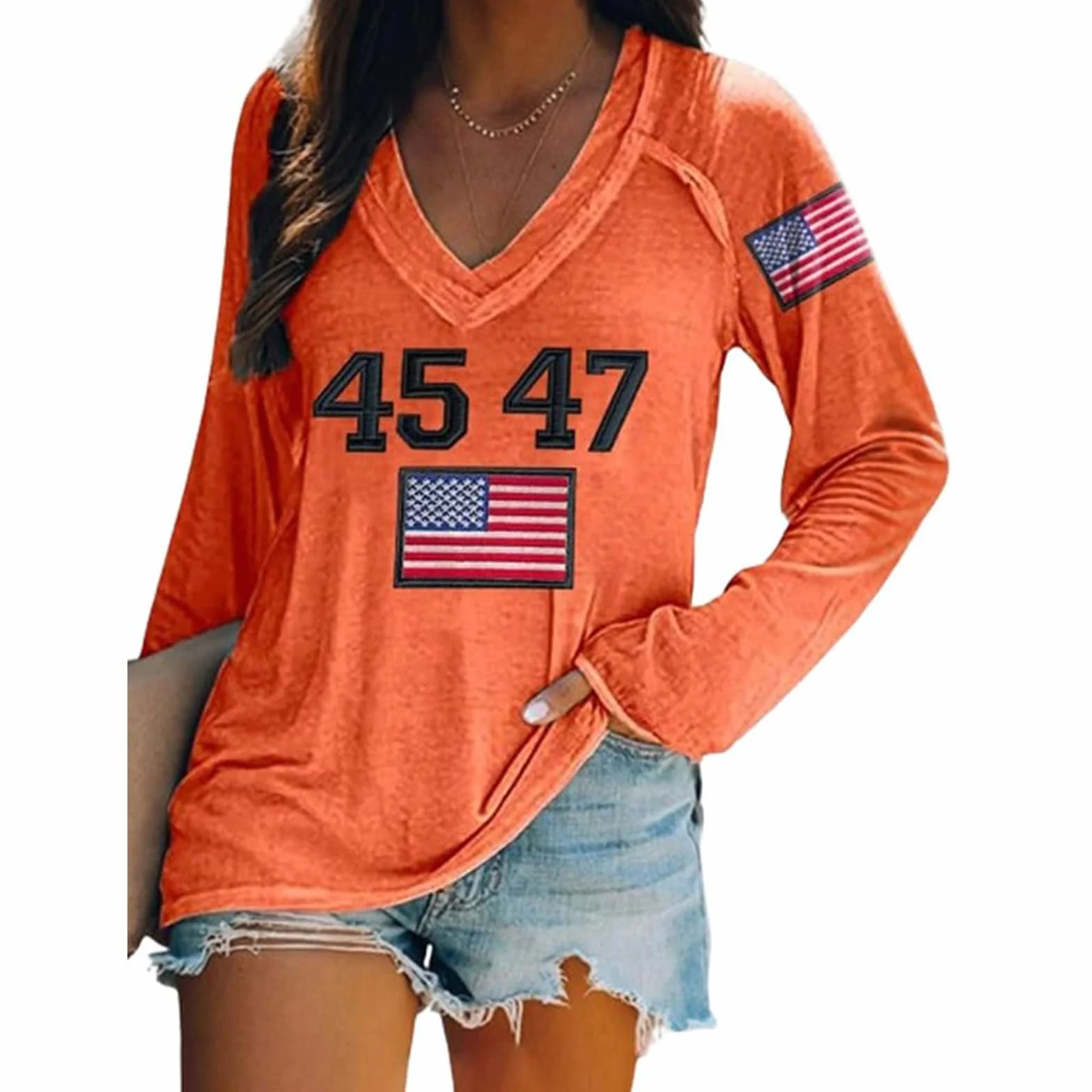 Damska bluza USA - amerykańska flaga oversize graficzny sweter z okrągłym dekoltem z długim rękawem luźny krój koszulki ubrania damskie vintage codzienne sportowe stroje top