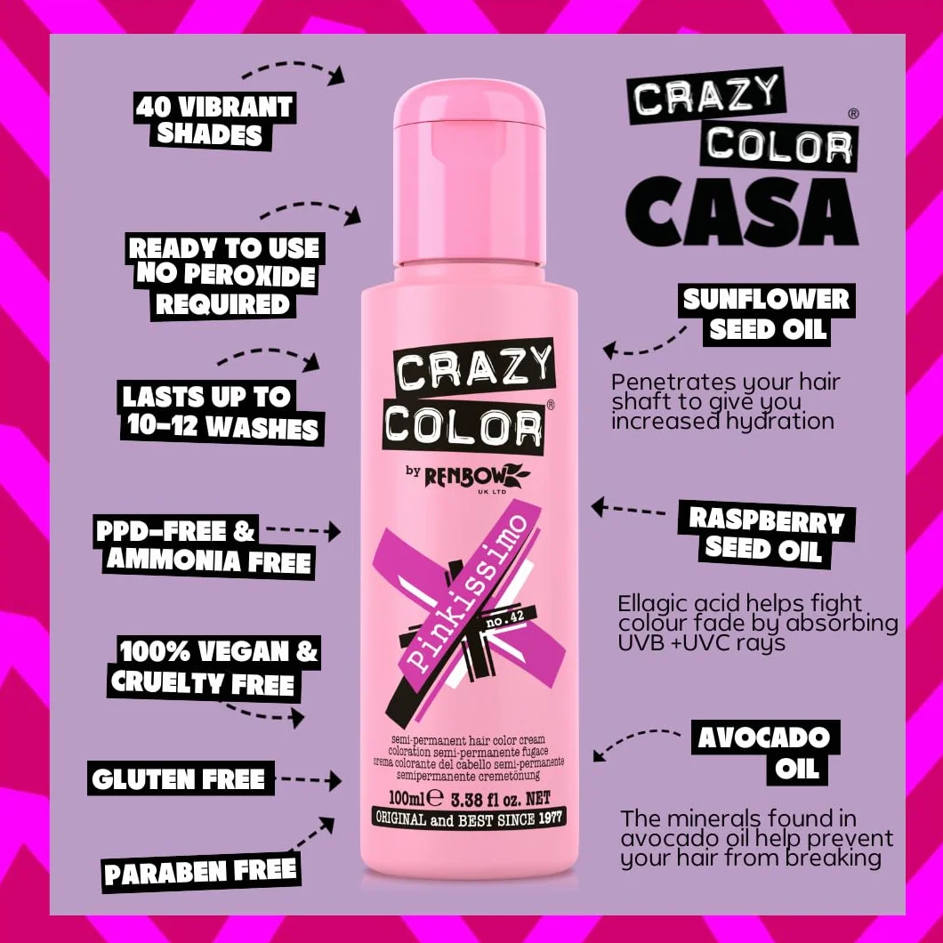 Renbow Crazy Color Semi-Permanent Hair Color Dye pinkissimo 42-100 ml, 1 opakowanie (1 x 115 g)