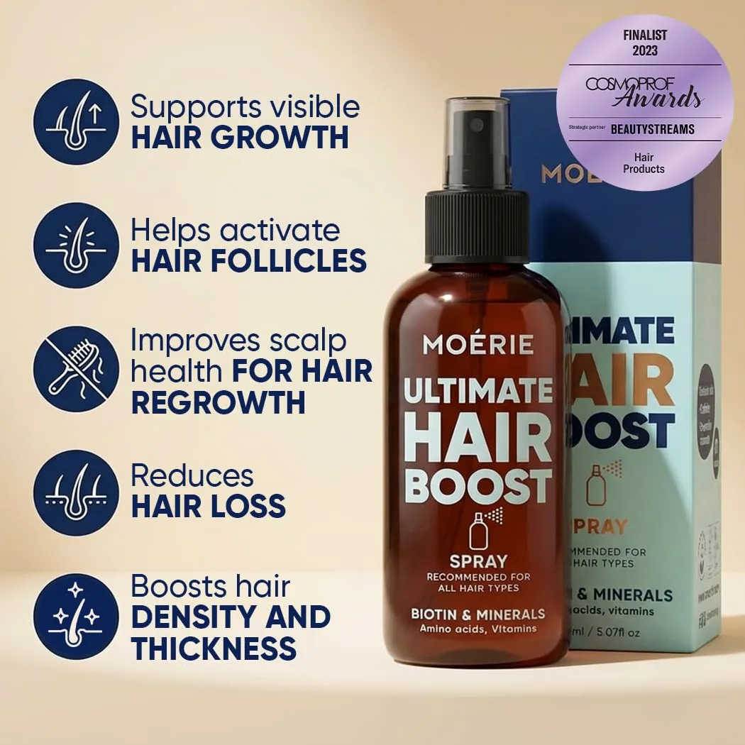 Moerie Ultimate Mineralny spray do wzrostu włosów – dla dłuższych, grubszych, pełniejszych włosów, z biotyną i kofeiną, wegańskie produkty do włosów, bez parabenów, wszystkie rodzaje włosów, odwrotne