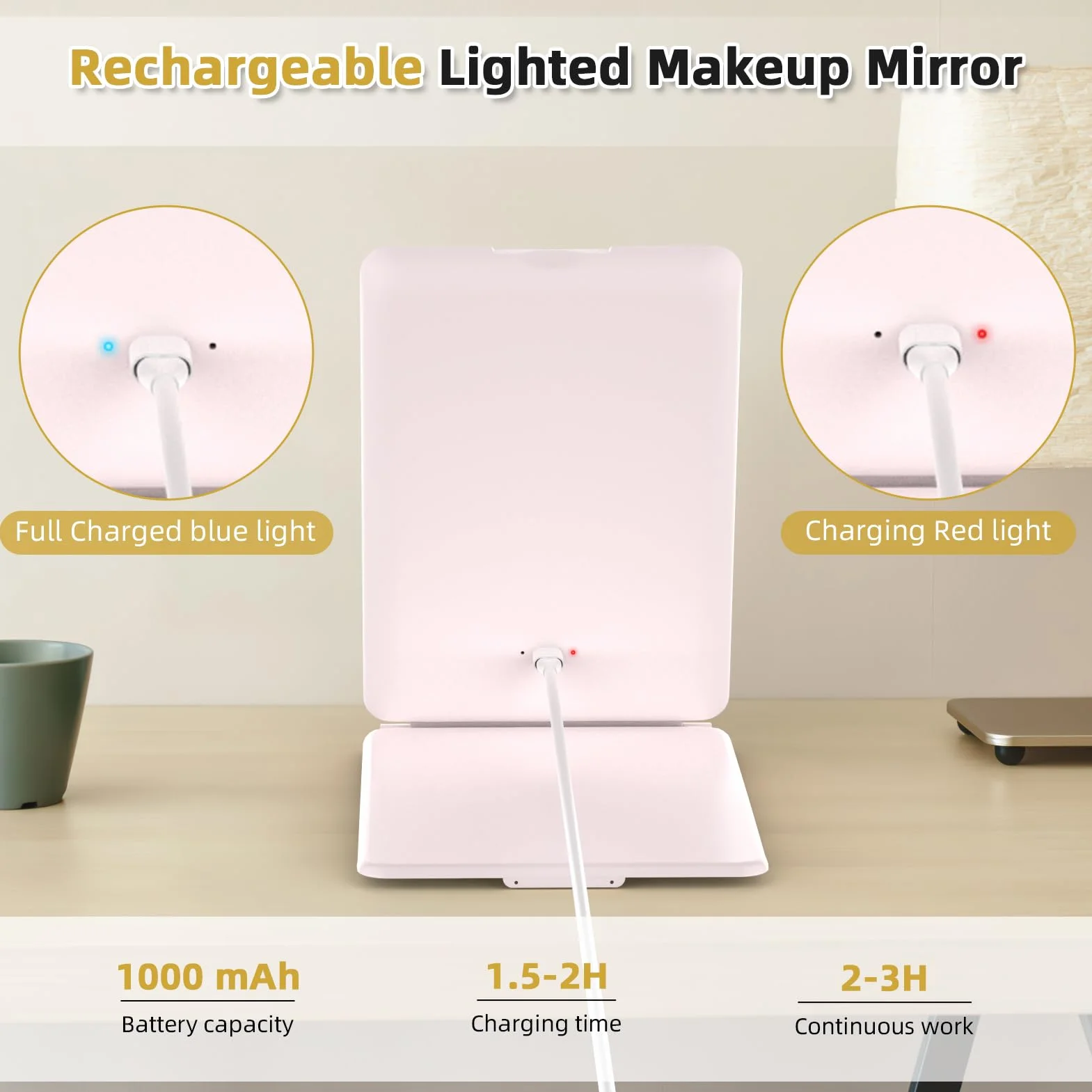 WEILY Podświetlane lustro do makijażu, 5 x podświetlane lustro powiększające, 3 zmienne kolory ekran dotykowy, lustro LED, USB z możliwością ładowania, toaletka w podróży (różowe)